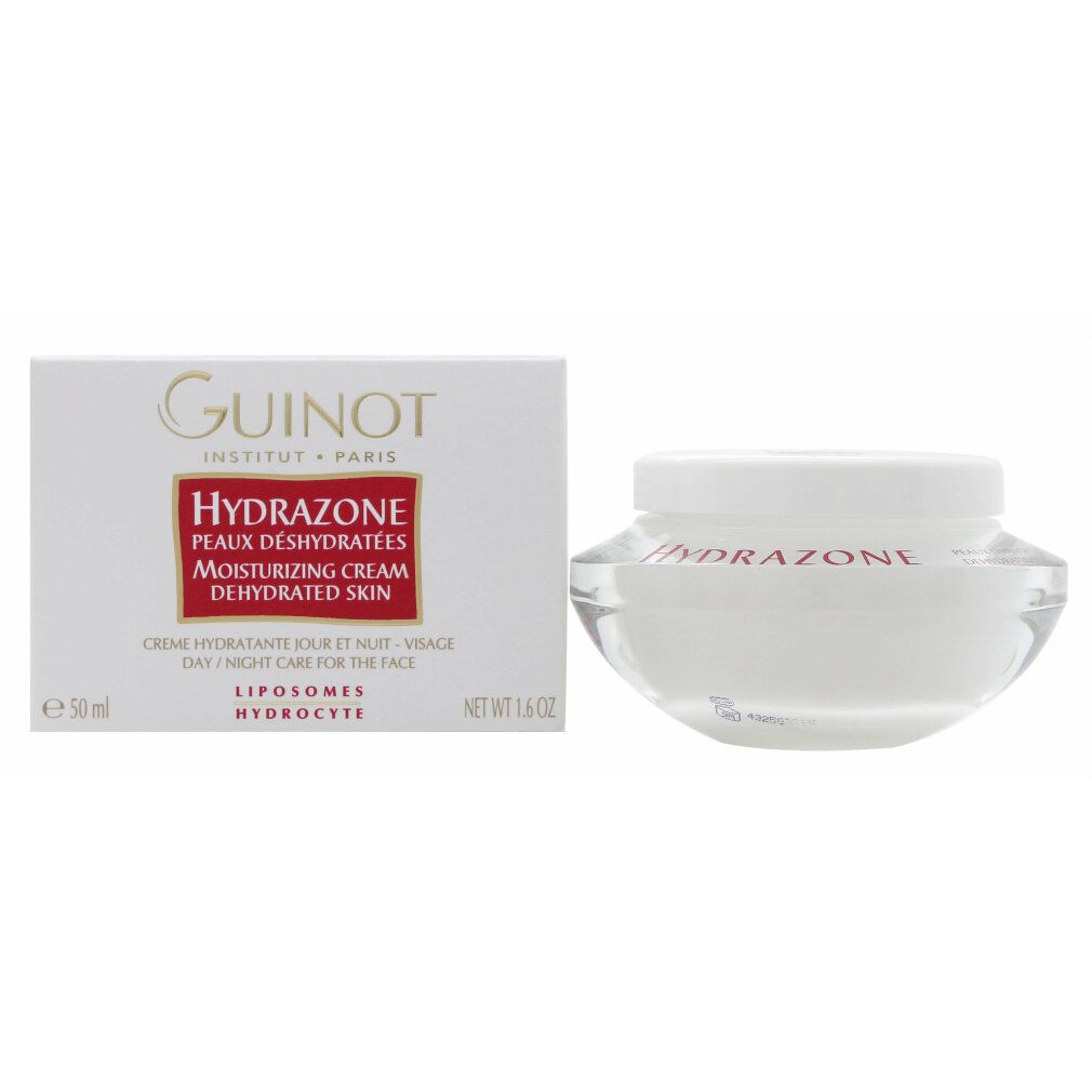 Witte doos en pot. Opschrift: GUINOT, HYDRAZONE, PEAUX DÉSHYDRATÉES. Pot met deksel.