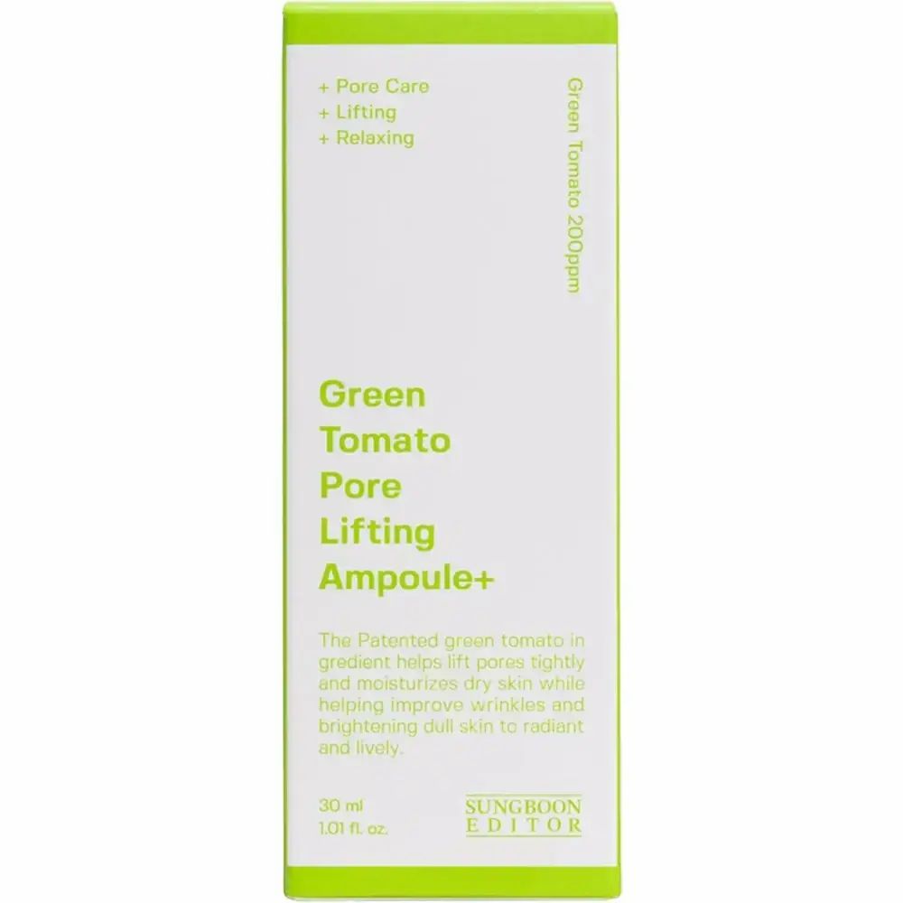 Witte verpakking met tekst: Green Tomato Pore Lifting Ampoule+. Productbeschrijving.