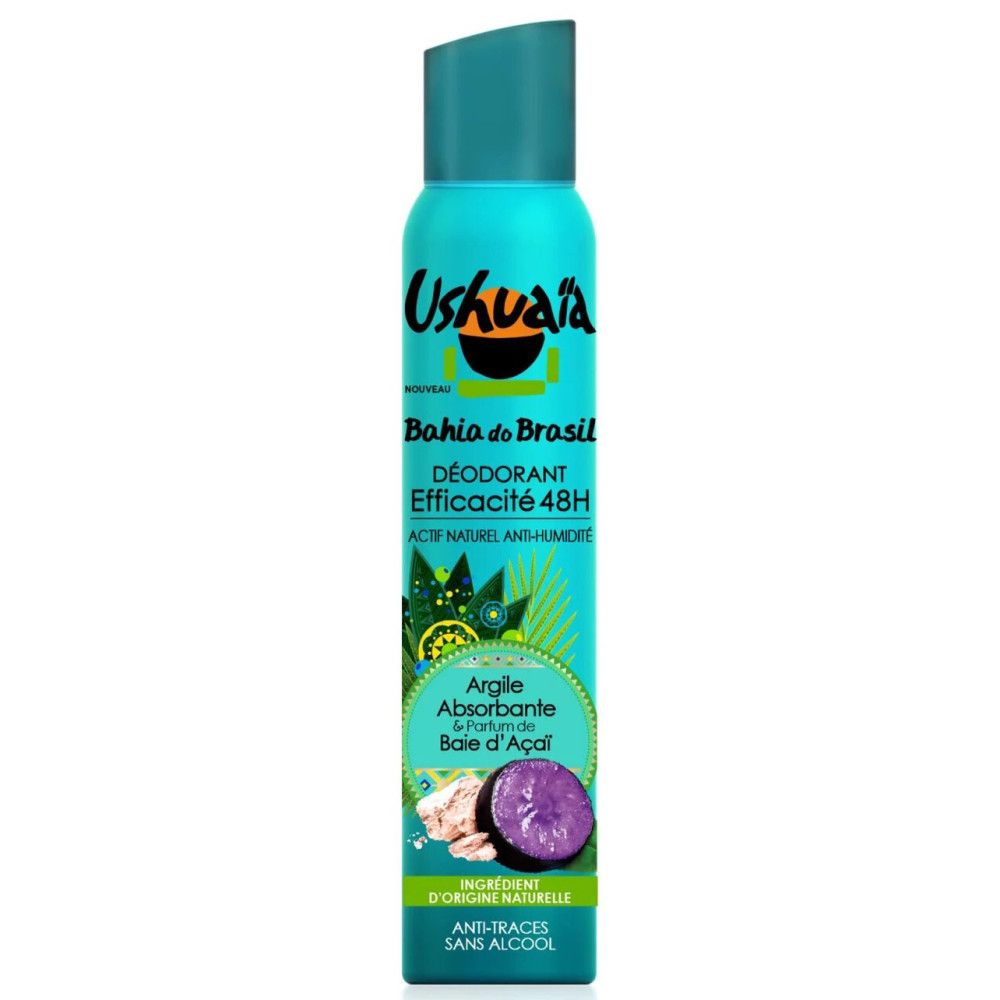 Turquoise deodorant spraybus. Zwart logo met gele cirkel. Bevat klei en acai bes. Groene elementen.