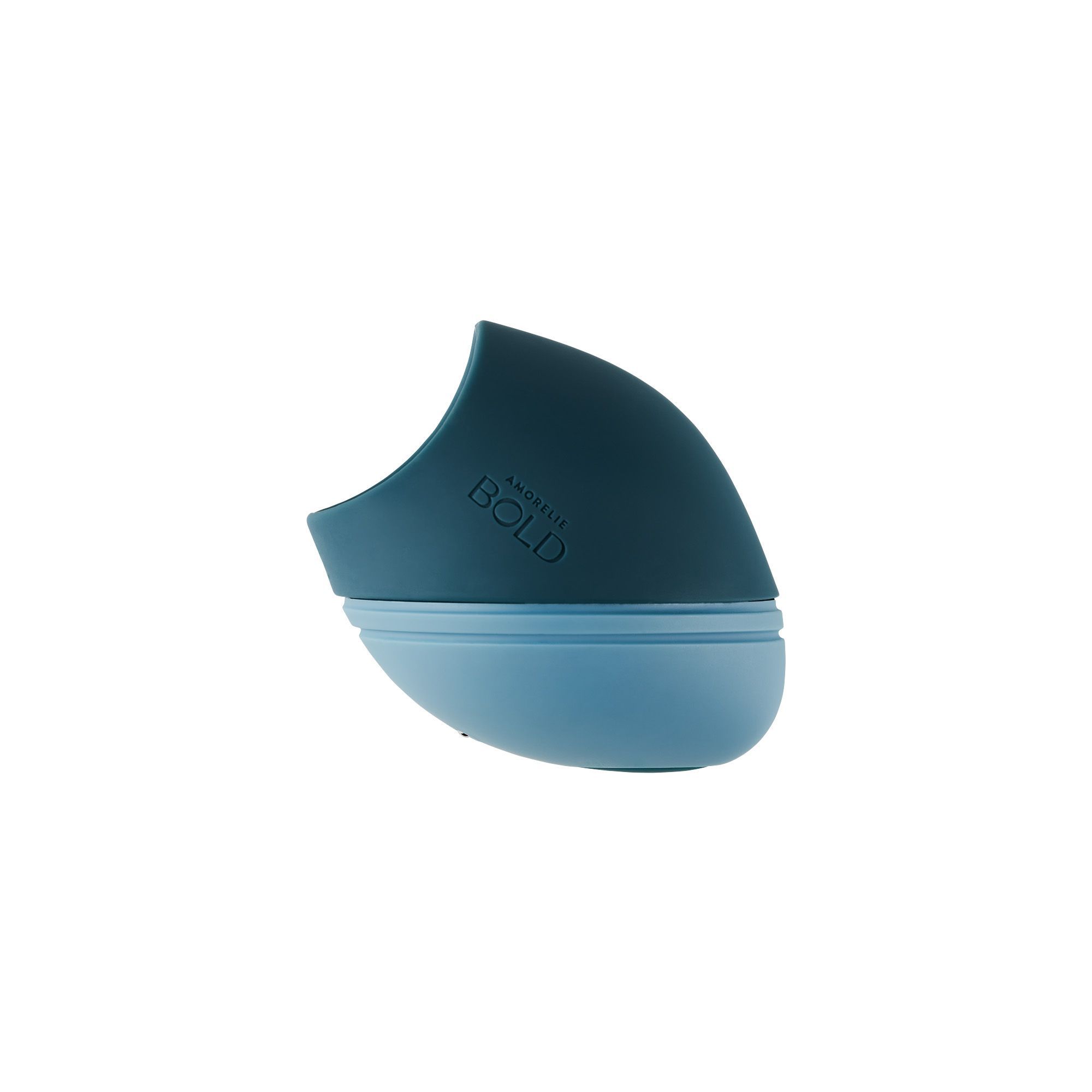 Blauw-teal object. Afgeronde vorm met open kant. Opschrift AMORELIE BOLD.