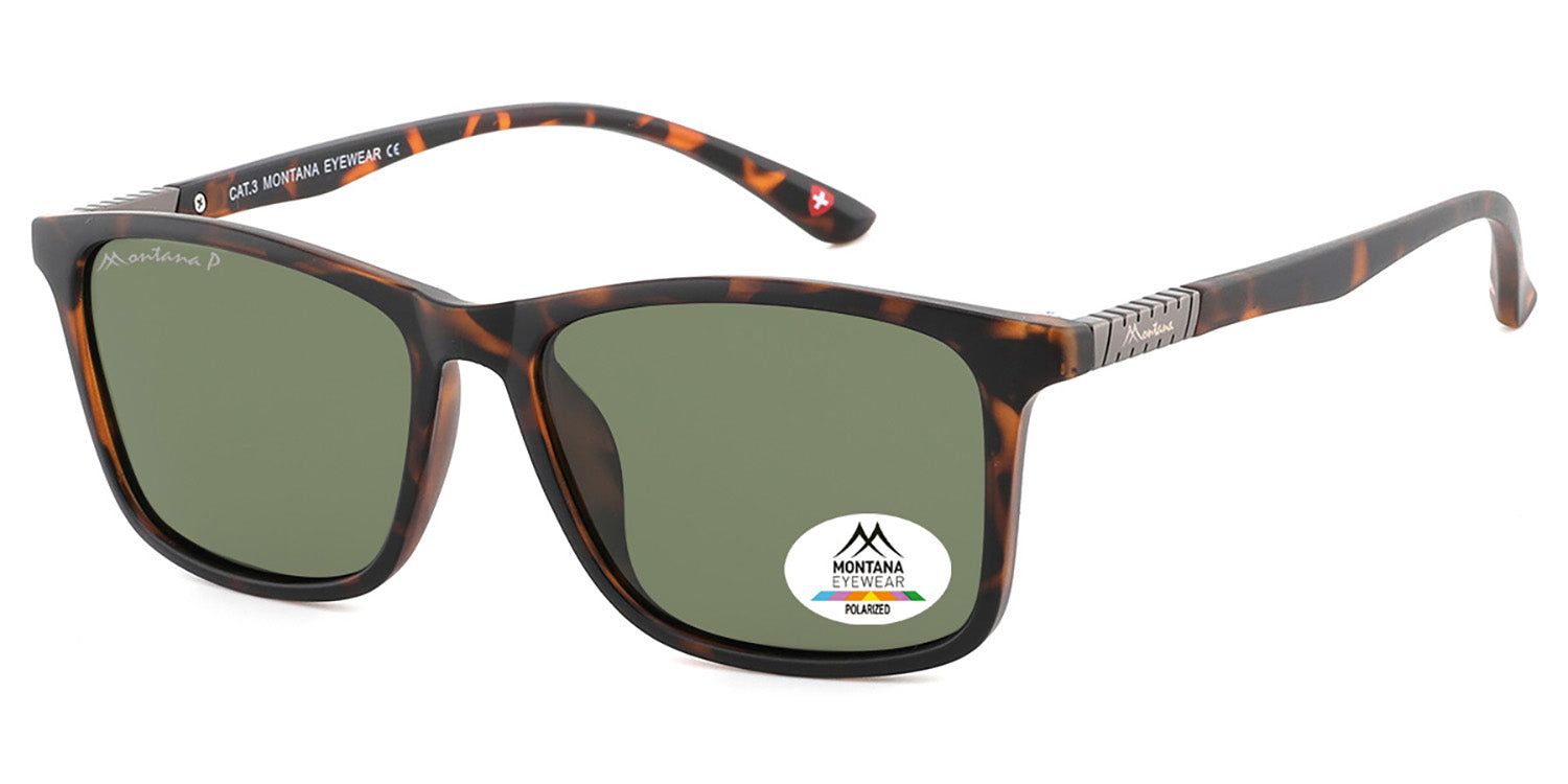 Lunettes de soleil avec monture marron et verres verts. Logo sur la branche. Autocollant "Polarized" et logo sur un verre.