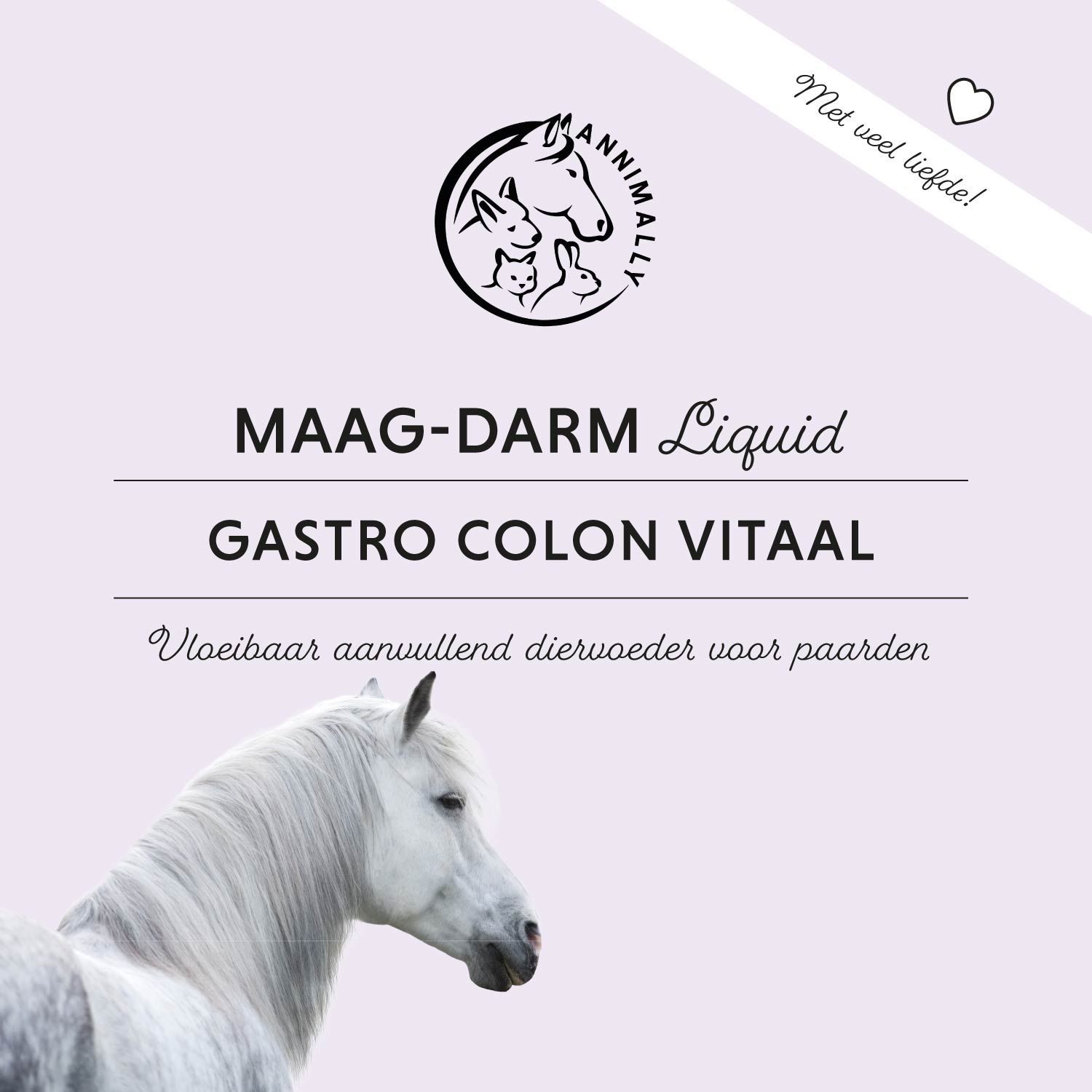 Drie paarden in gras. Tekst: Gastro Colon Vitaal. Paardenlogo.