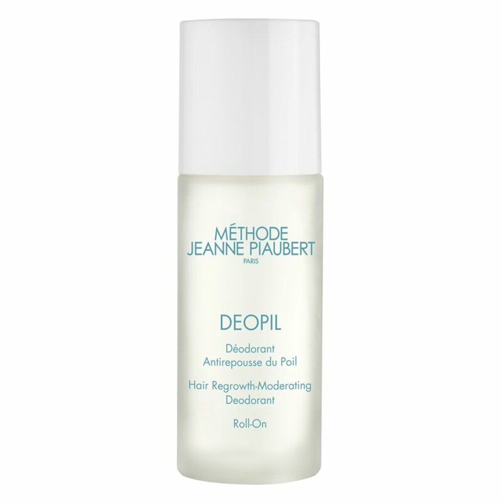 Déodorant Roll-On avec bouchon blanc et flacon en verre dépoli. Texte : MÉTHODE JEANNE PIAUBERT DEOPIL.