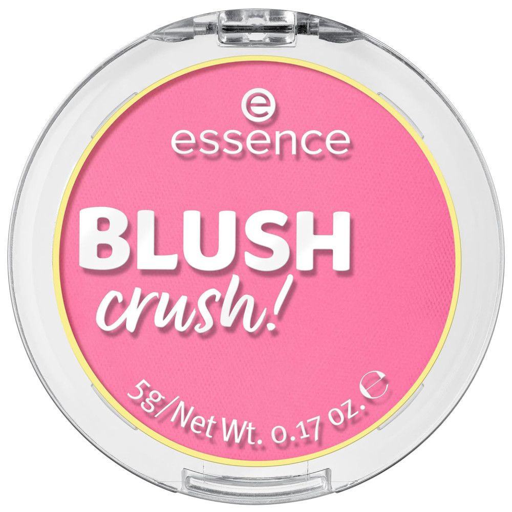 Fard à joues rose dans un boîtier transparent. Inscription: "essence BLUSH crush!".
