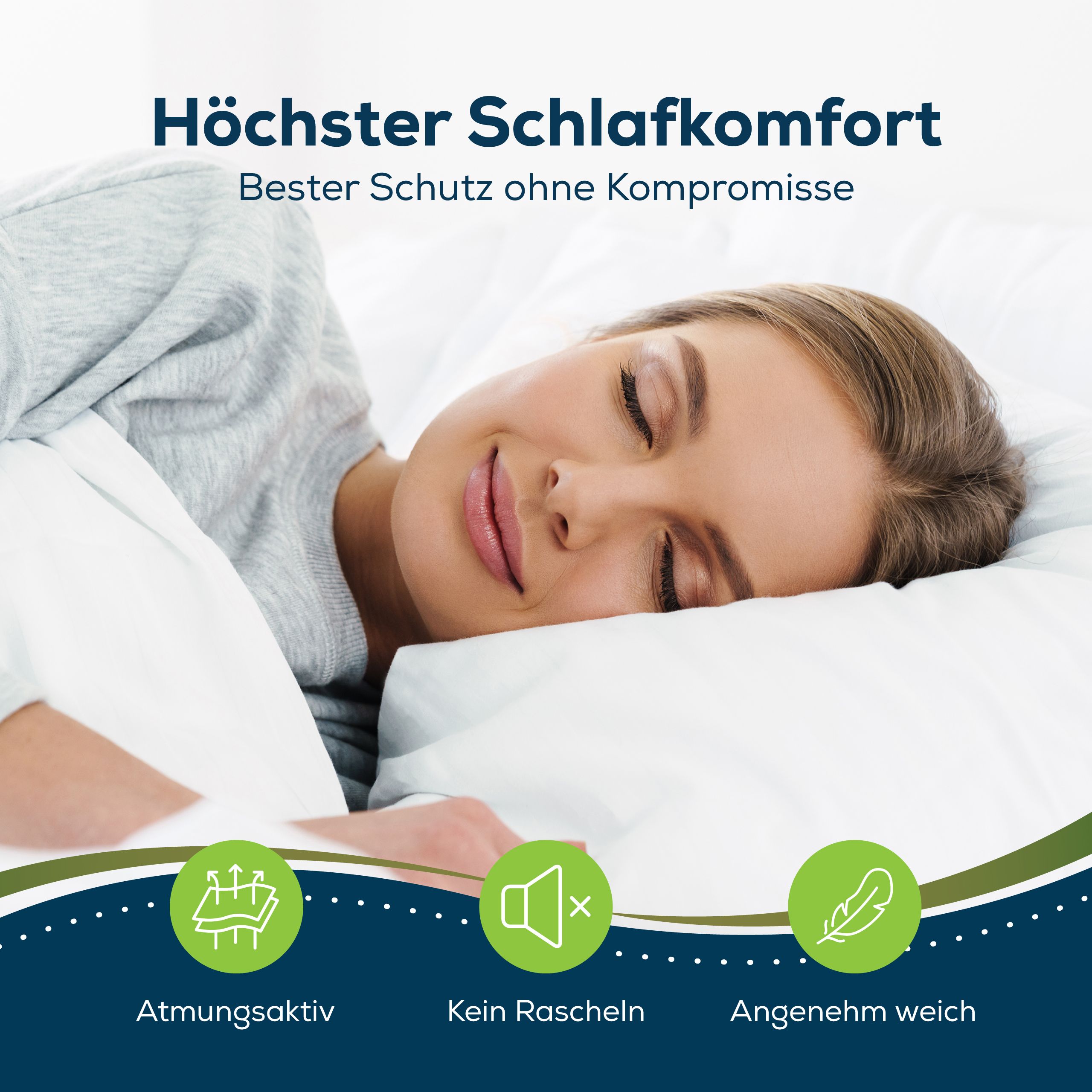 Femme dormant sur oreiller blanc. Texte : Confort de sommeil maximal. Respirant, silencieux, doux.