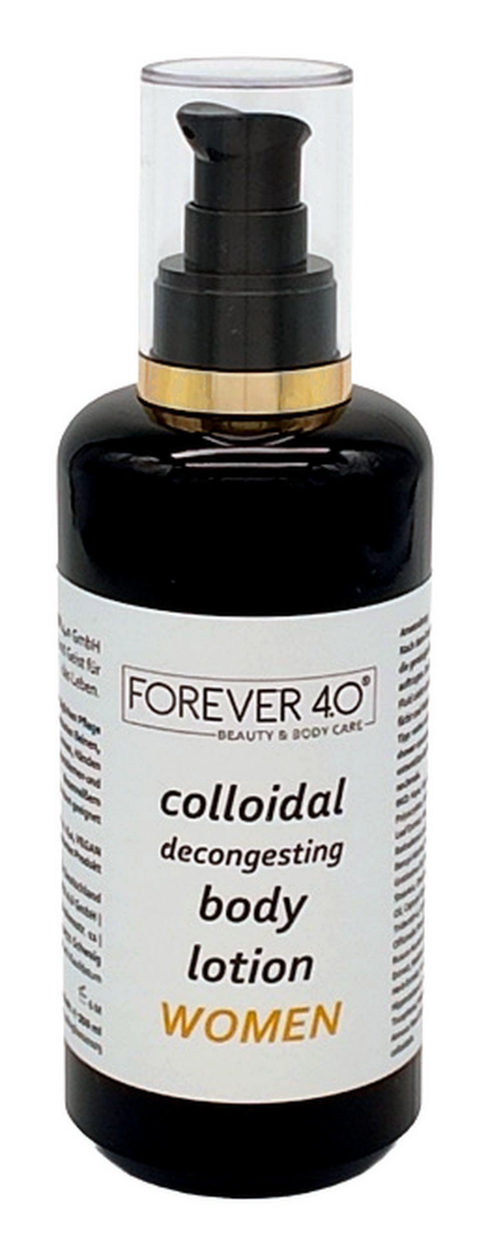 Flacon noir avec pompe. Inscription: FOREVER 4.0, colloidal decongesting body lotion WOMEN. Anneau doré autour du col.