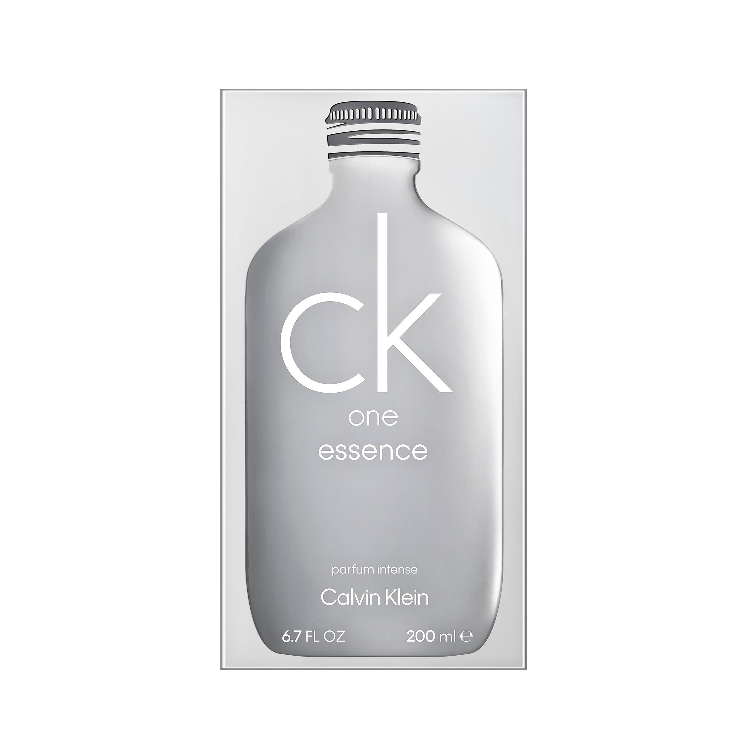 Verpakking van Calvin Klein CK One Essence. Flesvorm, witte achtergrond, logo en tekst. 6.7 FL. OZ. en 200 ml.