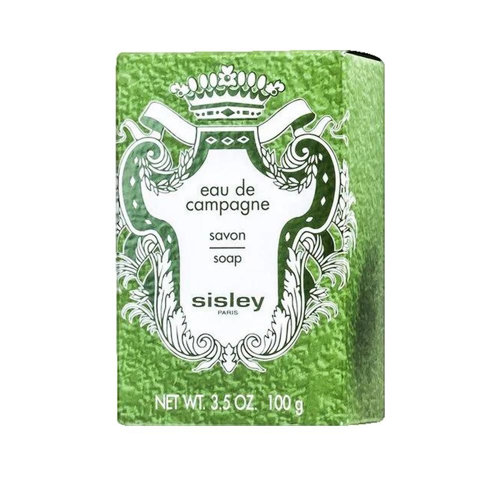 Groene doos, licht schuin. Witte opdruk: Eau de Campagne, Savon, Soap, Sisley Paris. Gewicht: 100 g, 3.5 oz.