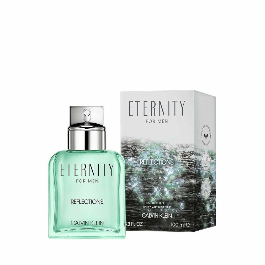 Lichtgroene fles en verpakking. Opschrift: Eternity for Men Reflections, Calvin Klein. 100 ml.