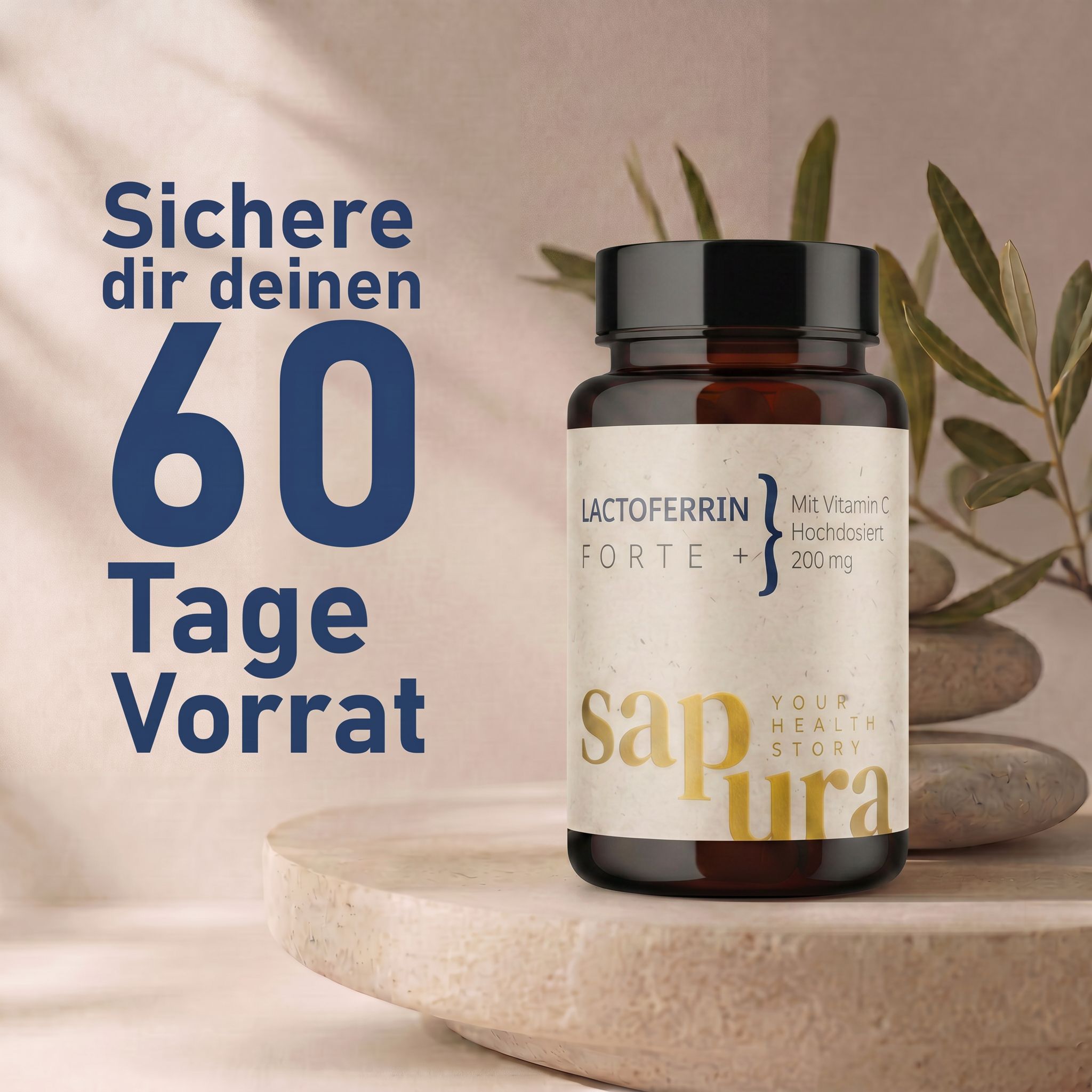 Bouteille de Lactoferrin Forte avec 60 capsules. Sapura Health.