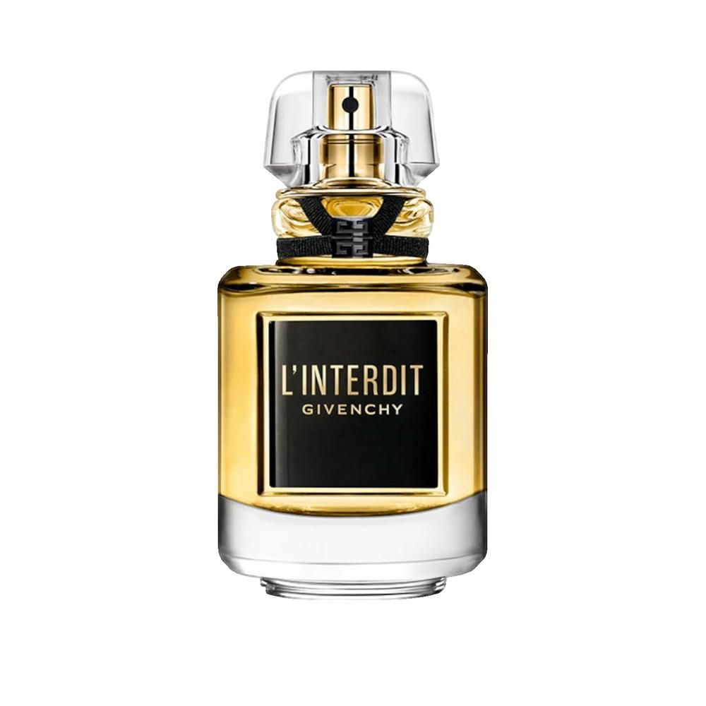 Gouden parfumflesje, zwart etiket met opschrift L'Interdit en Givenchy. Transparante sluiting.