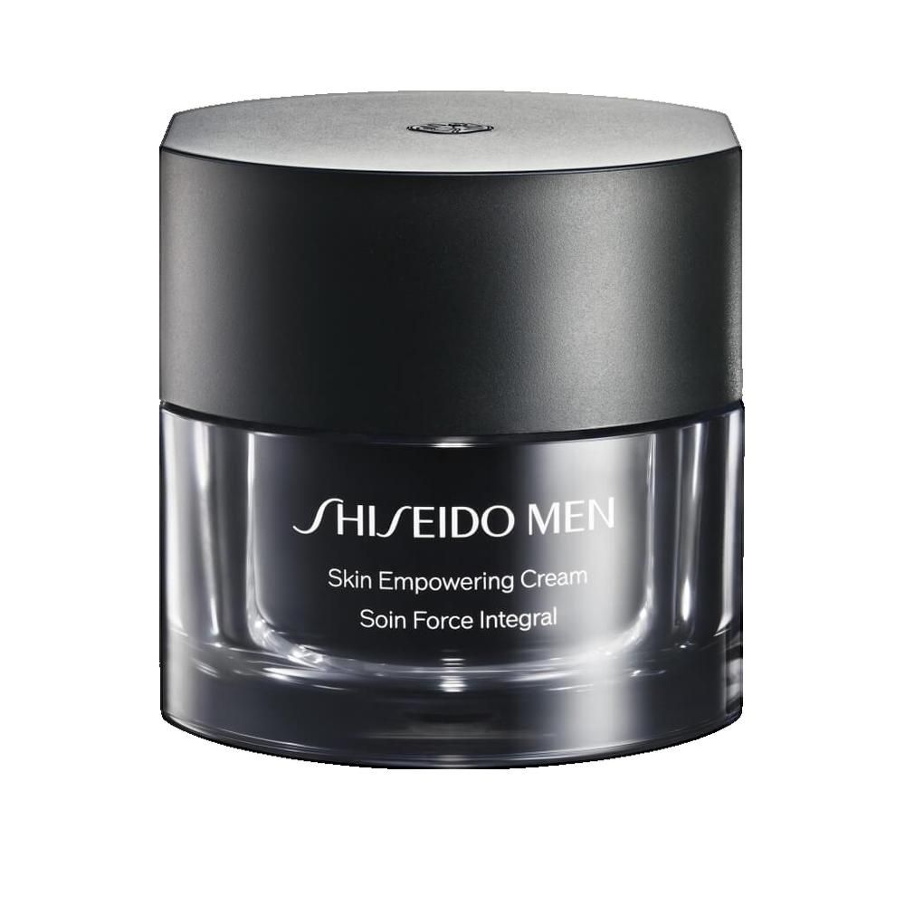 Pot de crème avec couvercle. Verre noir, couvercle argenté. Inscription: SHISEIDO MEN, Skin Empowering Cream, Soin Force Integral.
