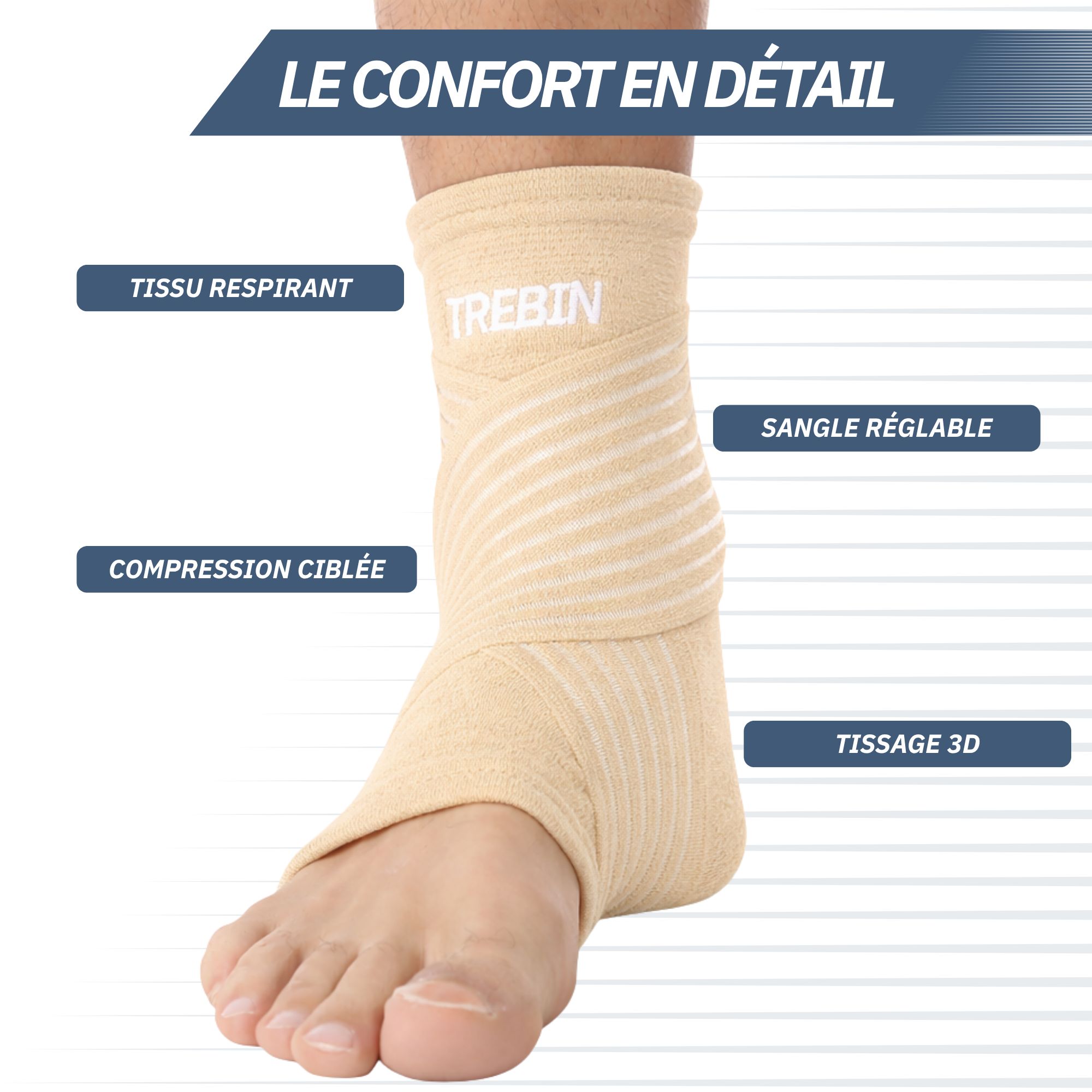 Chevillère beige avec tissage 3D, tissu respirant et sangle réglable.