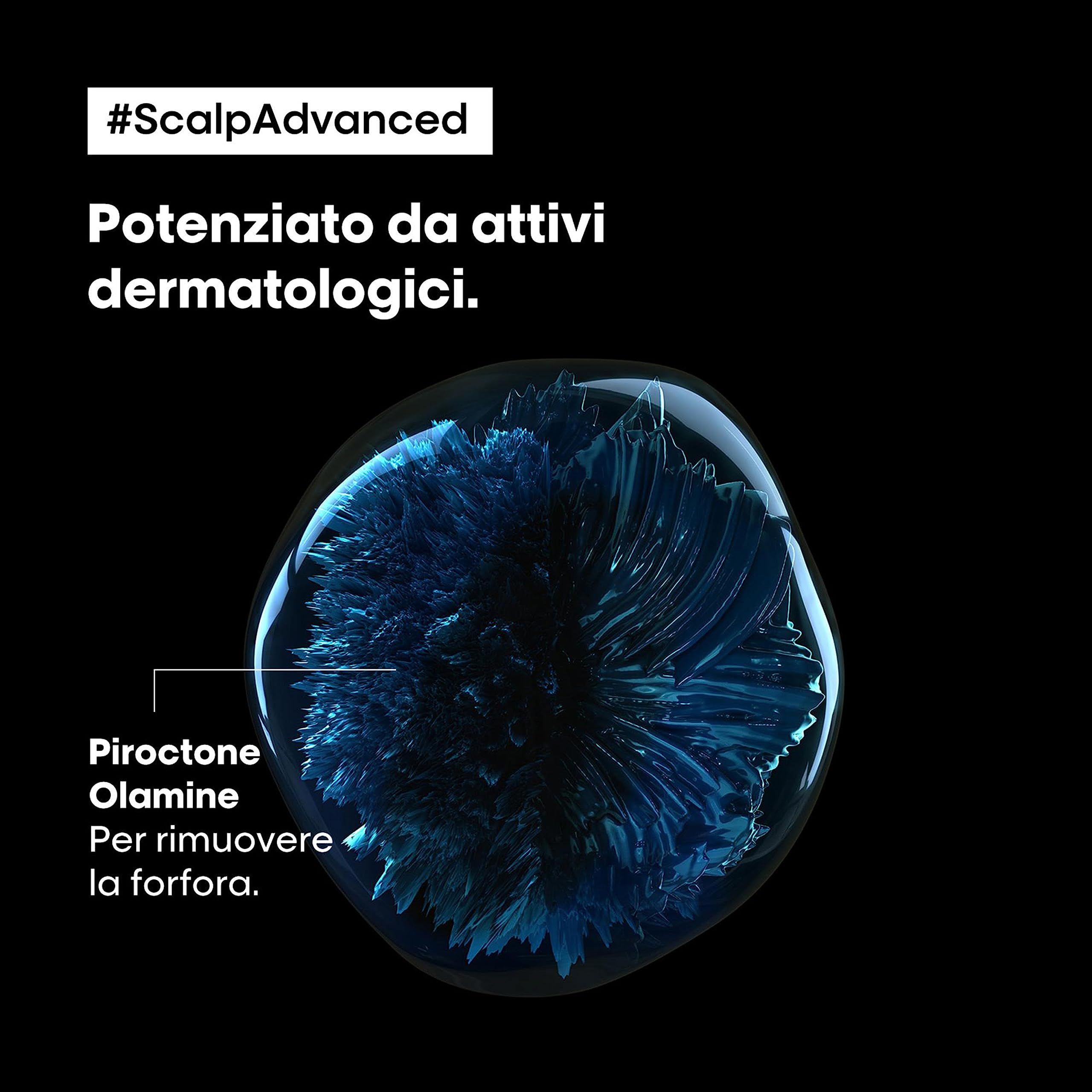 Abstracte weergave van een blauwe vloeistof. Tekst: Piroctone Olamine, voor het verwijderen van roos. Achtergrond: zwart.