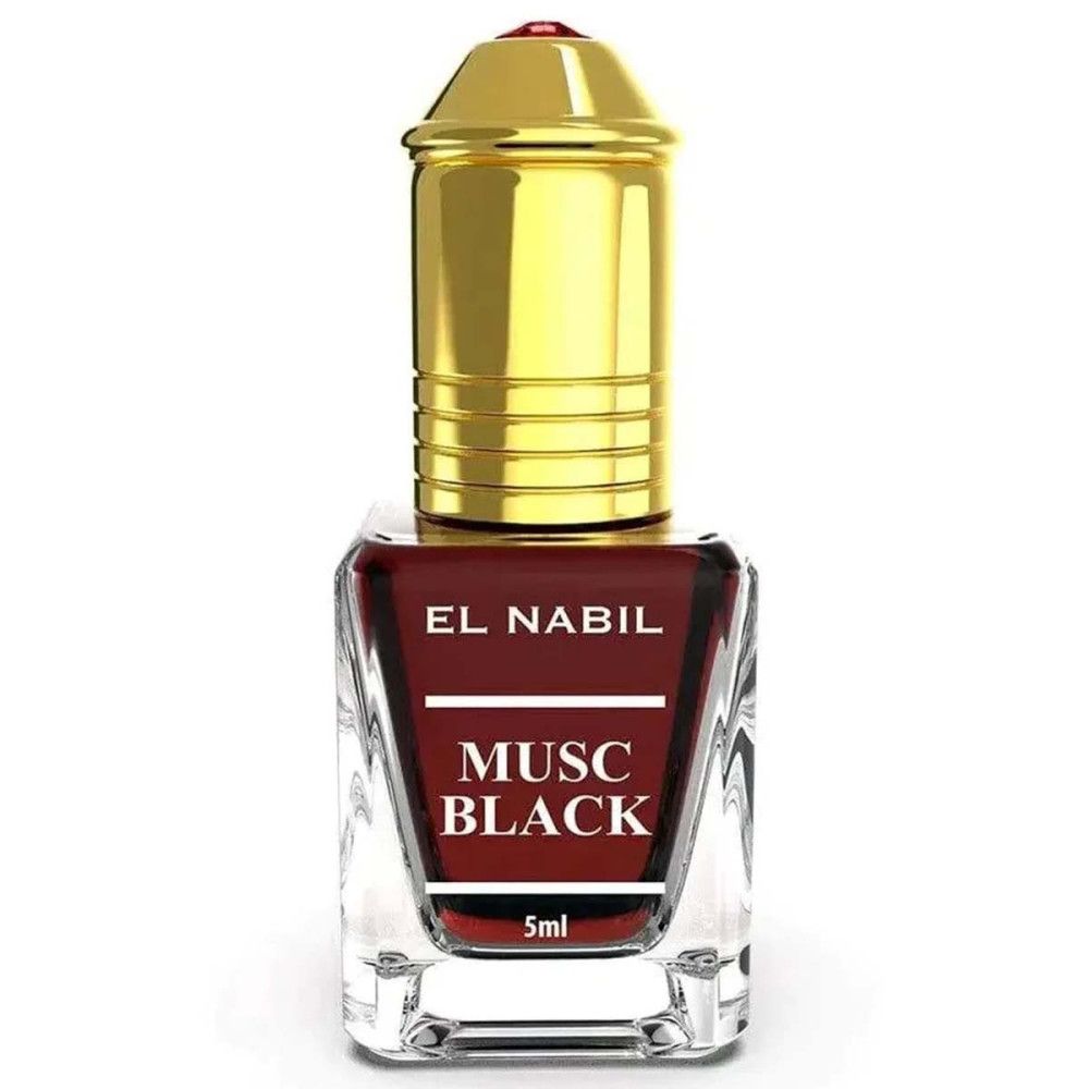 Flacon de parfum avec bouchon doré. Inscription : EL NABIL, MUSC BLACK, 5ml. Liquide brun-rouge.