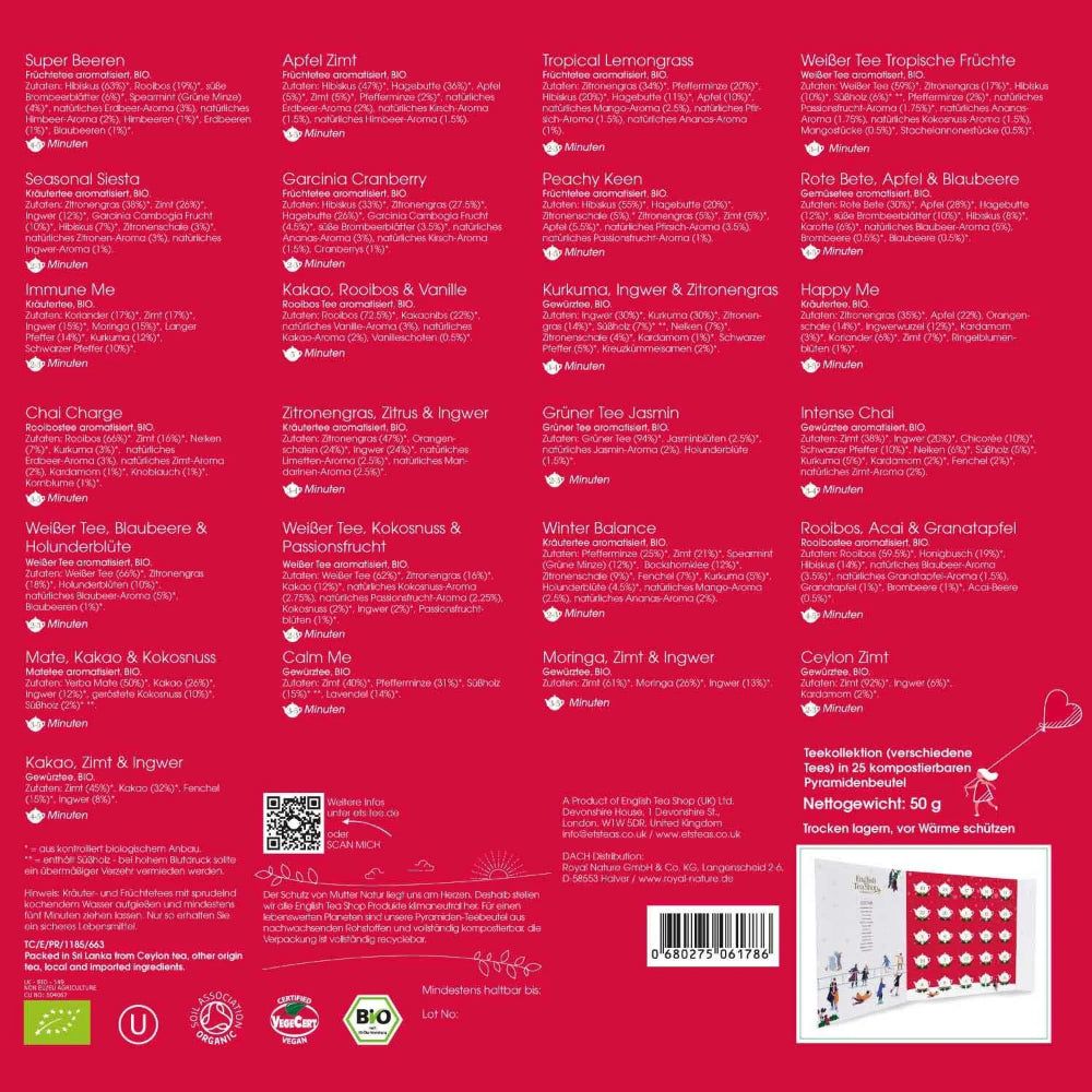 Dos du calendrier de l'Avent avec informations sur le produit, ingrédients, certifications et code QR. Net 50g.