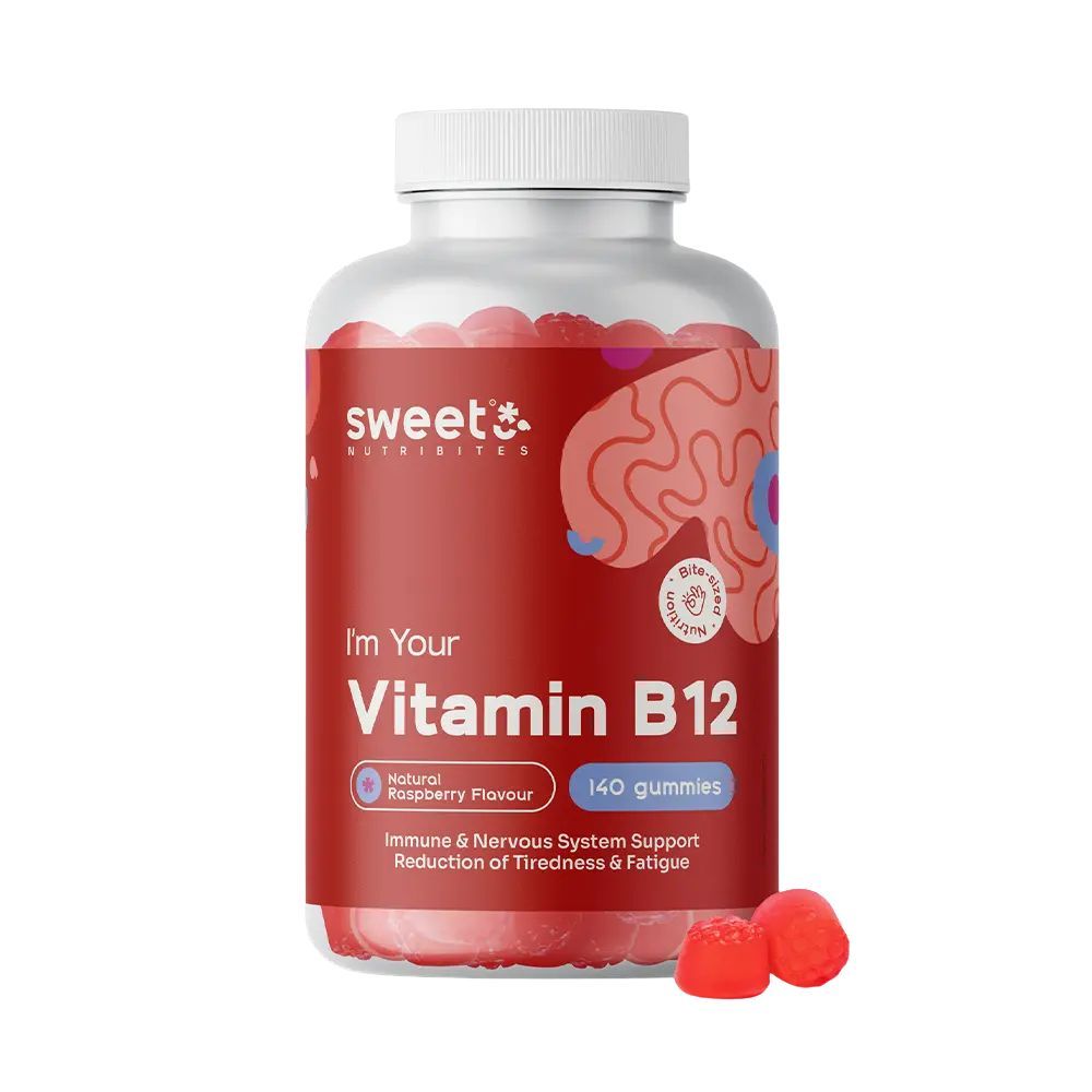 Vitamine B12 gummies. Rode snoepjes in witte fles. 140 stuks. Frambozensmaak.