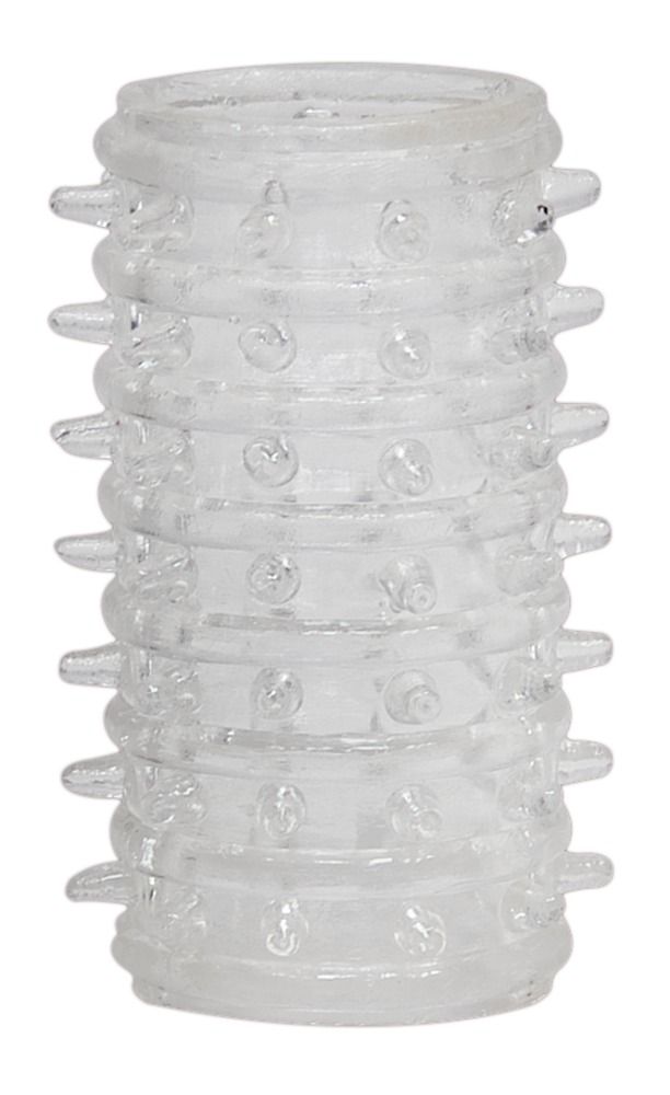 Manchon pénien transparent avec pointes et picots. Forme cylindrique.