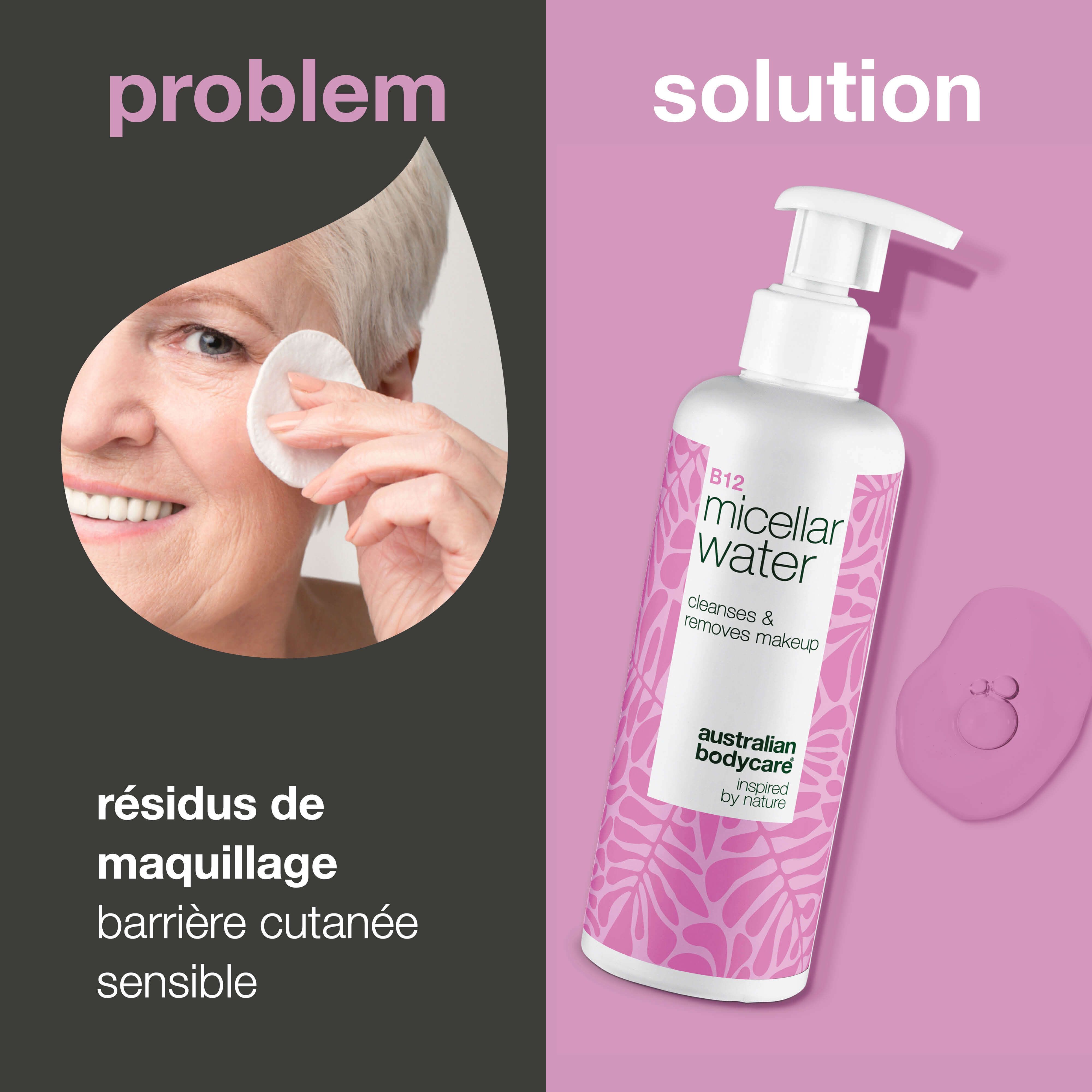 Femme essuyant son visage avec un coton. À côté, flacon B12 Micellar Water. Texte : Résidus de maquillage.