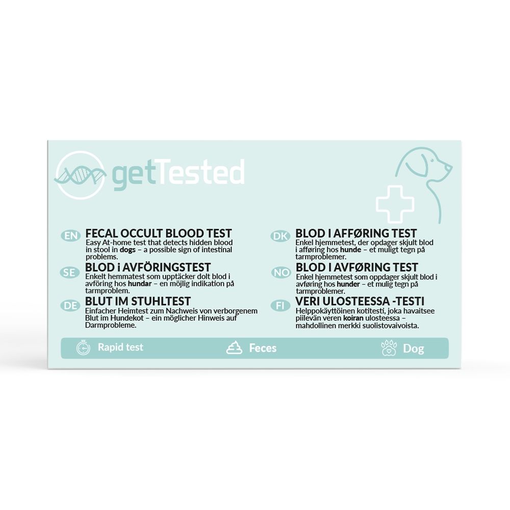 Verpakking van GetTested test voor occult bloed in ontlasting (hond). Opschrift: Bloed in ontlasting test. Bevat test voor honden.