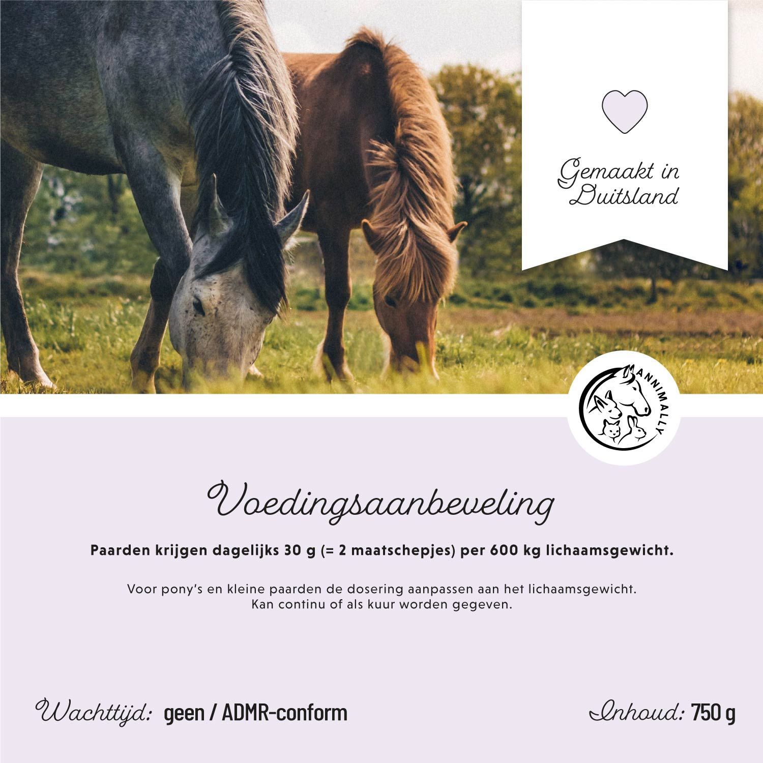 Productverpakking. Opschrift: Colon Vital, Probiotisch Darm Poeder. 750 g. Paardenafbeelding. Lichtpaarse achtergrond.