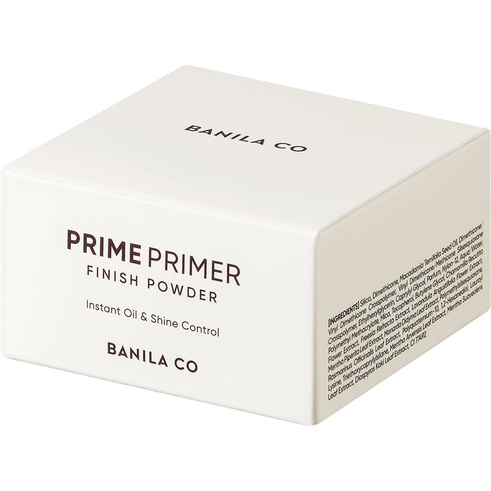 Emballage blanc avec inscription: BANILA CO, PRIME PRIMER FINISH POWDER, Instant Oil & Shine Control. Liste des ingrédients.