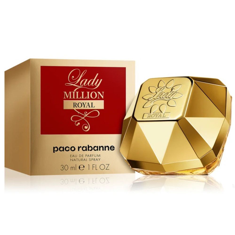 Flacon et boîte dorés pour "Lady Million Royal" Eau de Parfum.