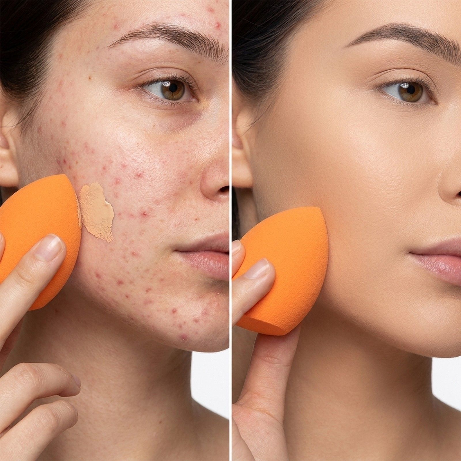Comparaison avant-après : peau acnéique avec une éponge de maquillage orange à gauche, peau impeccable avec fond de teint appliqué à droite.