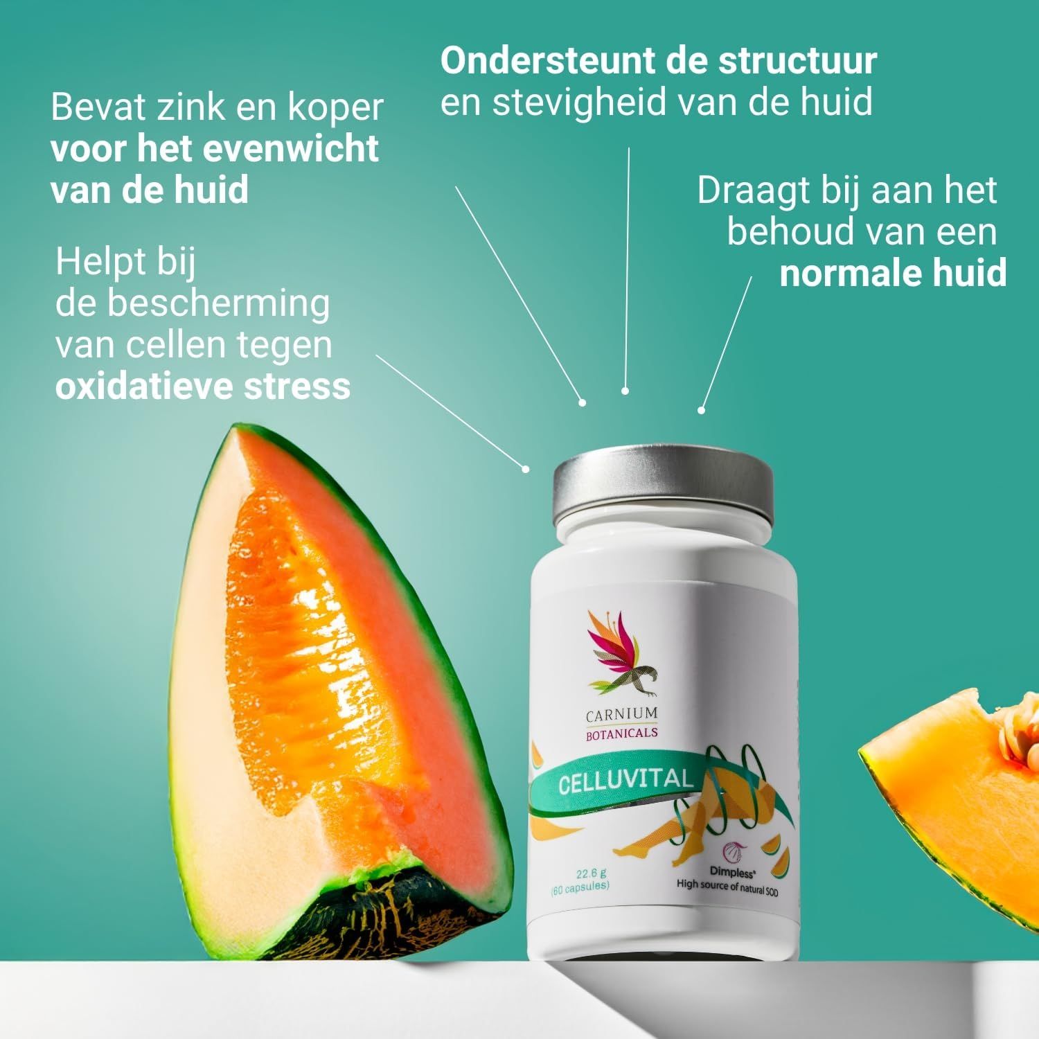 Een fles Carnium Botanicals Celluvital naast een stuk cantaloupe meloen.