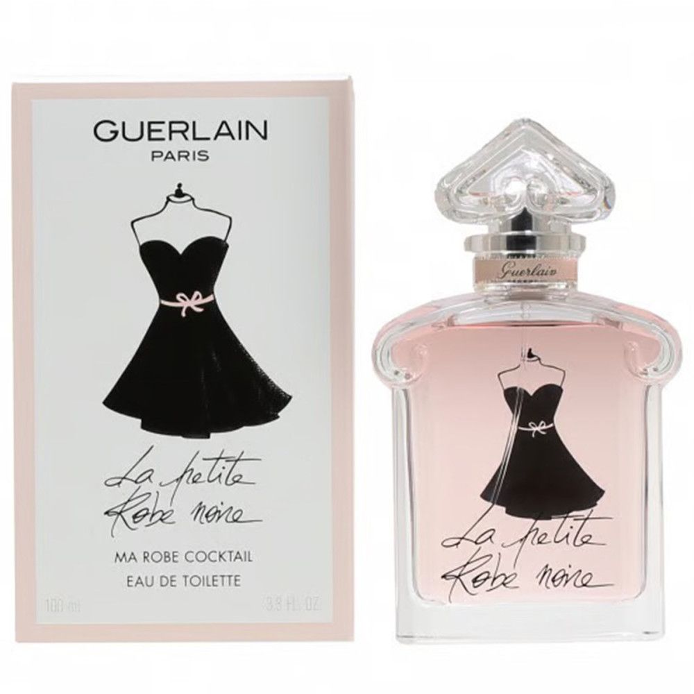 Fles en verpakking. Fles met roze vloeistof, zwart jurk-ontwerp. Verpakking met logo en productnaam. Guerlain Paris.