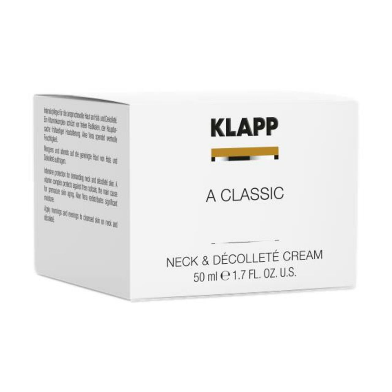 Witte verpakking met productinformatie. Opschrift: KLAPP, A Classic, Neck & Décolleté Cream. Volume: 50 ml.