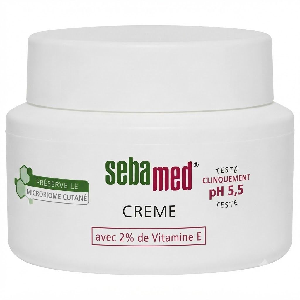 Sebamed Crème Vitamine E : Boîte pliante avec sceau Öko-Test et infos produit.