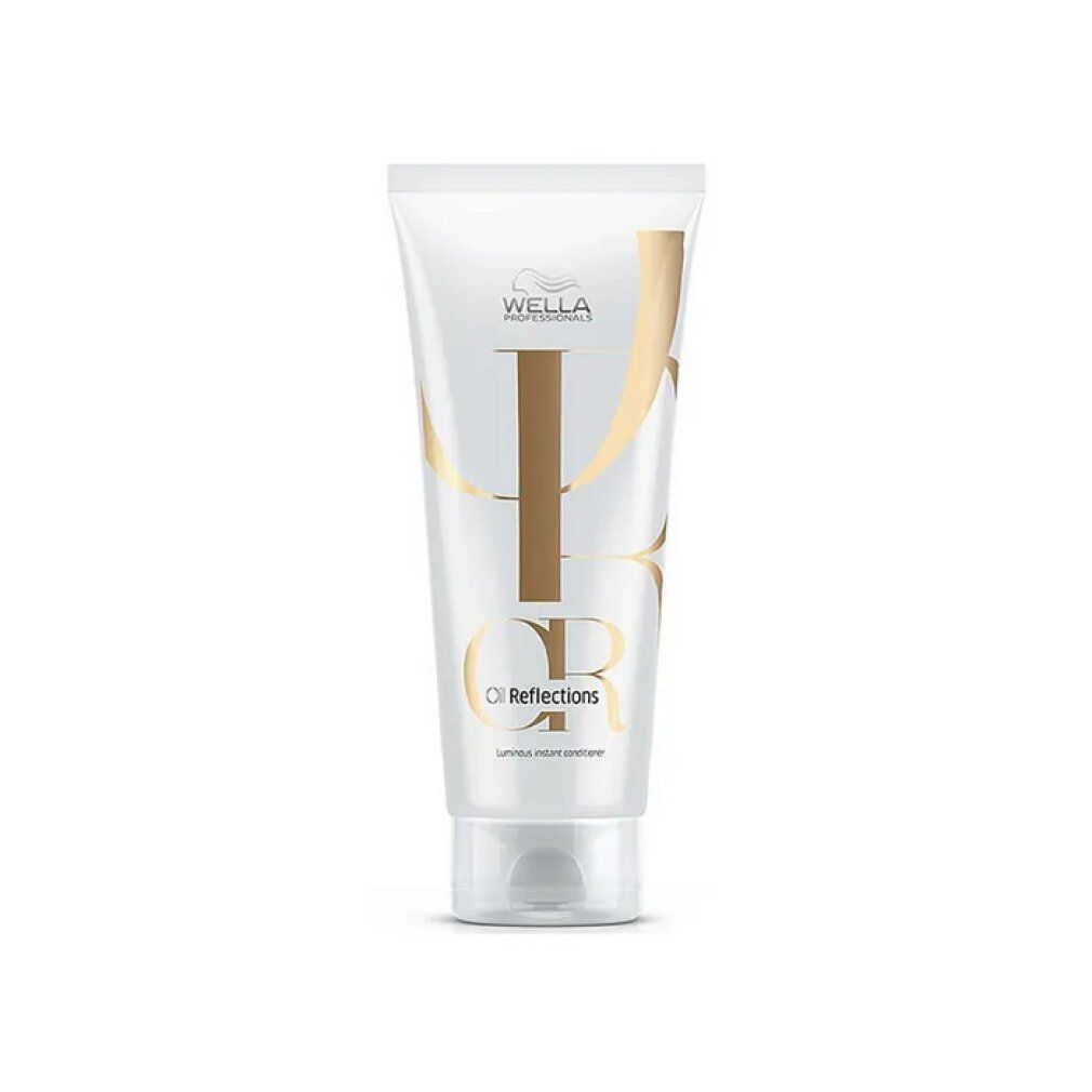 Witte tube met gouden tekst. Opschrift: Wella Oil Reflections Luminous Instant Conditioner. Productverpakking.
