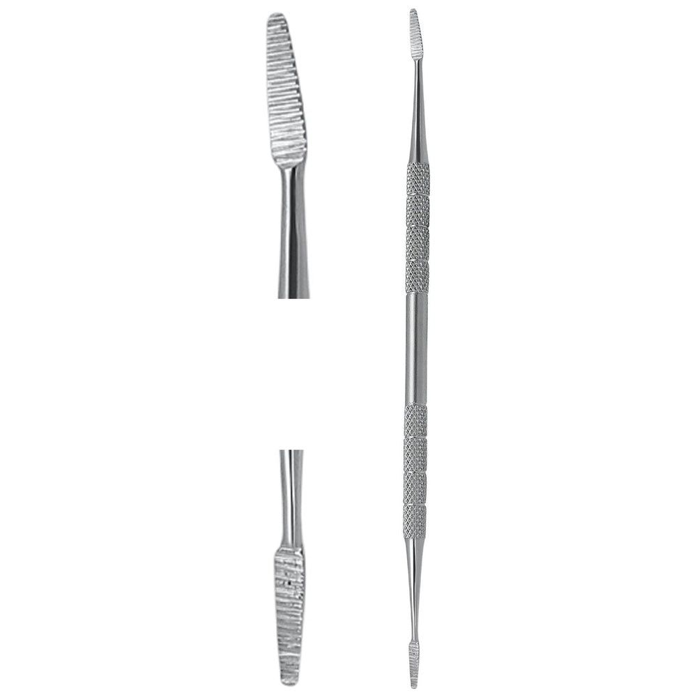 Dubbelzijdige metalen nagelvijl. Eén puntig uiteinde, de andere met een geribbeld oppervlak. Gekarteld handvat.