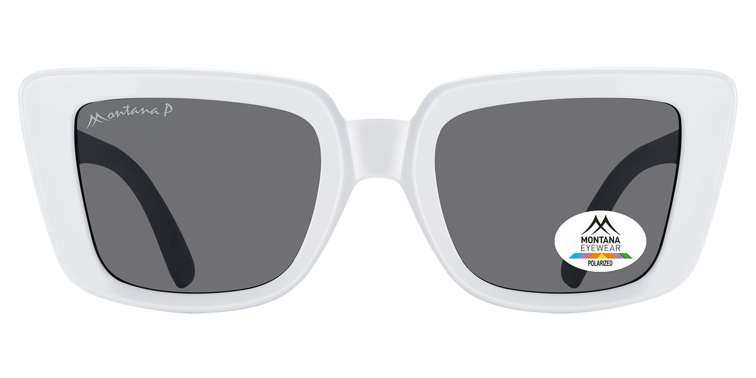 Witte zonnebril met grijze glazen. Montana Eyewear logo en polarisatie sticker op het glas. Vierkante vorm.