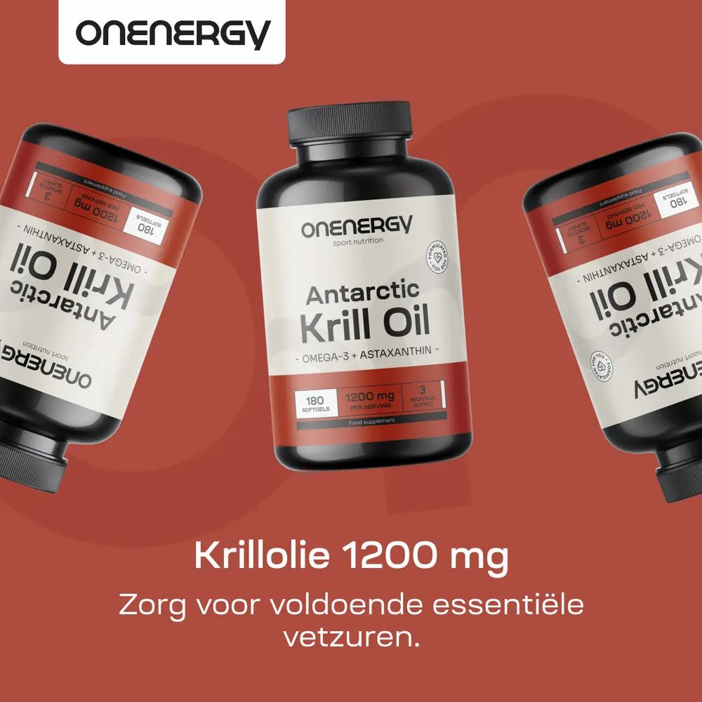 Drie flessen met capsules. Tekst: Krillolie 1200 mg. Zorg voor voldoende essentiële vetzuren.