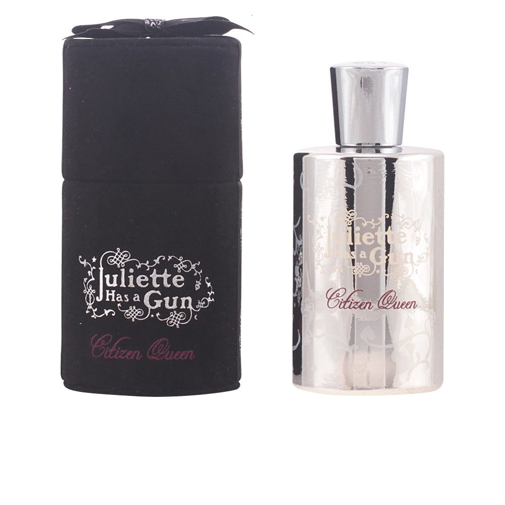 Flacon de parfum et emballage noir. Le flacon porte l'inscription "Juliette Has a Gun Citizen Queen".