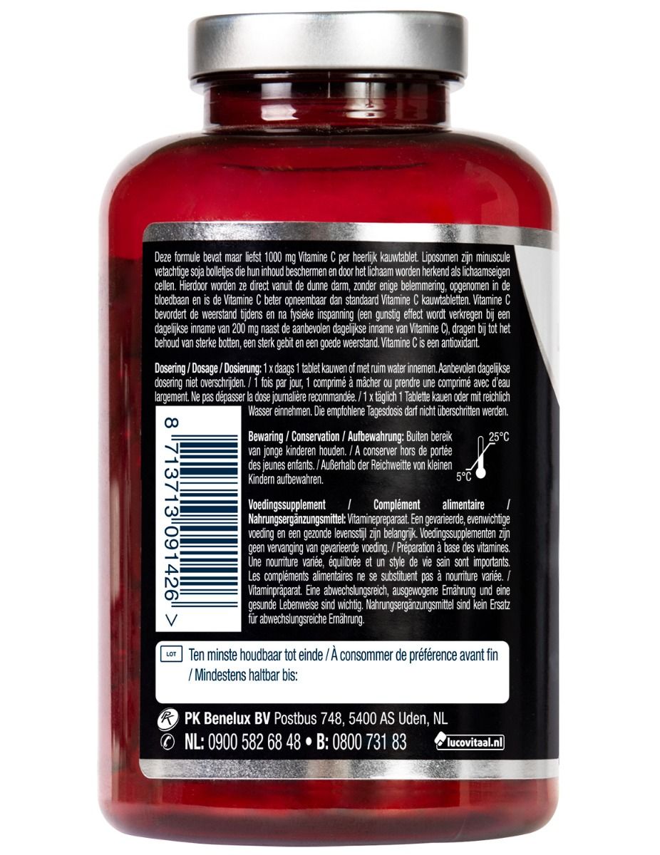 Achterkant van de fles met tekst. Bevat informatie over gebruik, opslag en houdbaarheid. Met QR-code.