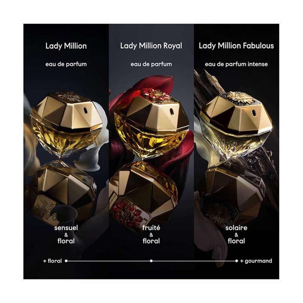 Trois flacons dorés. Lady Million, Lady Million Royal et Lady Million Fabulous. Fond noir.