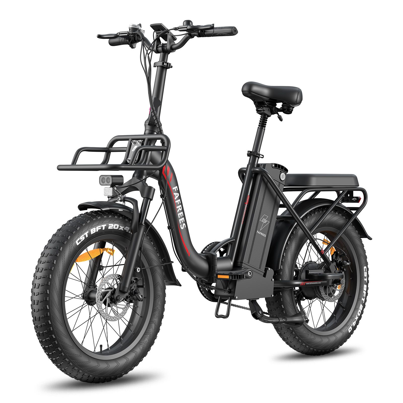 Vélo électrique pliable noir, pneus larges, porte-bagages et panier. Marque FAFREES.
