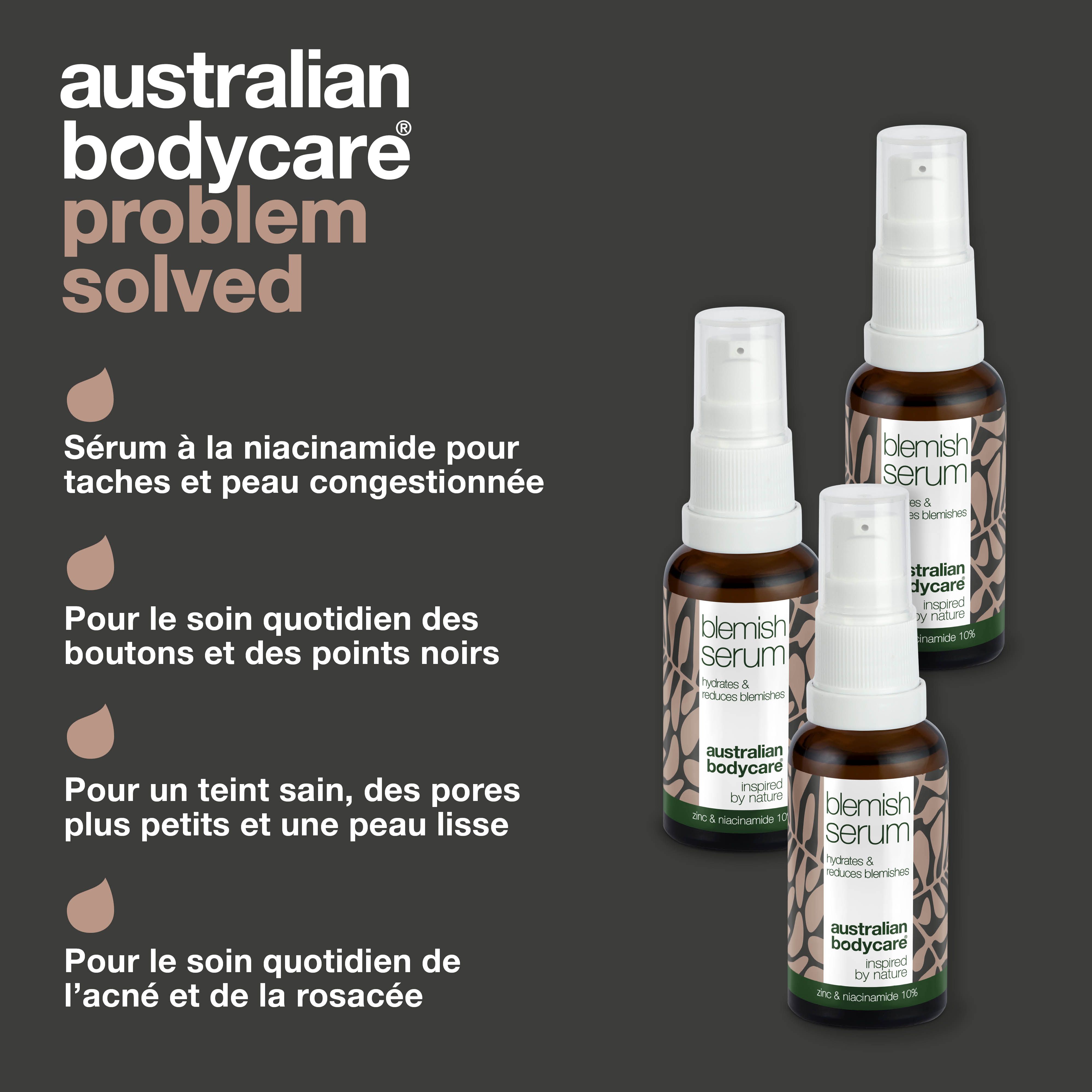 Problème résolu. Trois flacons de sérum. Texte : Sérum à la niacinamide pour les imperfections. Logo : Australian Bodycare.