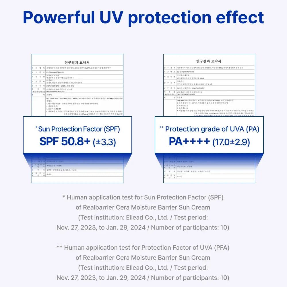 Deux tableaux d'informations sur SPF 50.8+ et PA++++. Texte: Realbarrier Cera Moisture Barrier Sun Cream. Données et résultats des tests.