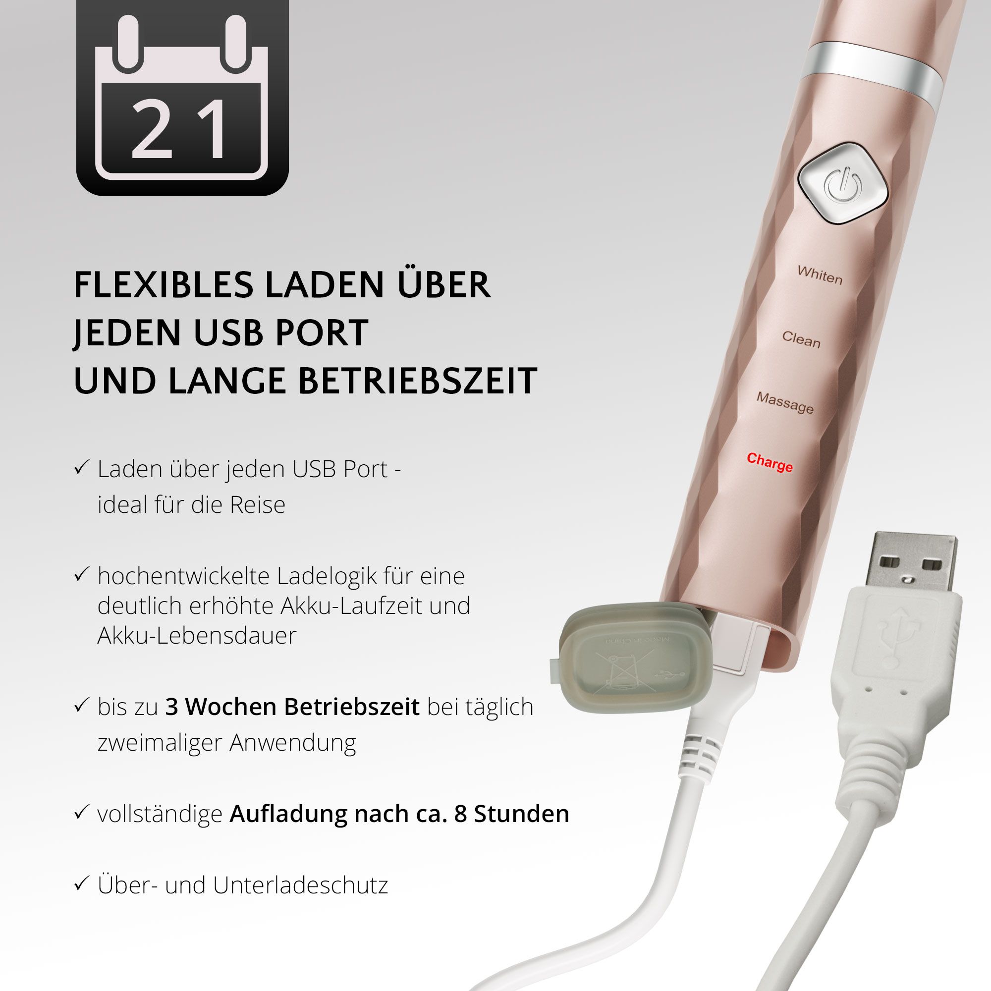 Brosse à dents sonique AILORIA se chargeant via USB, autonomie de 3 semaines.