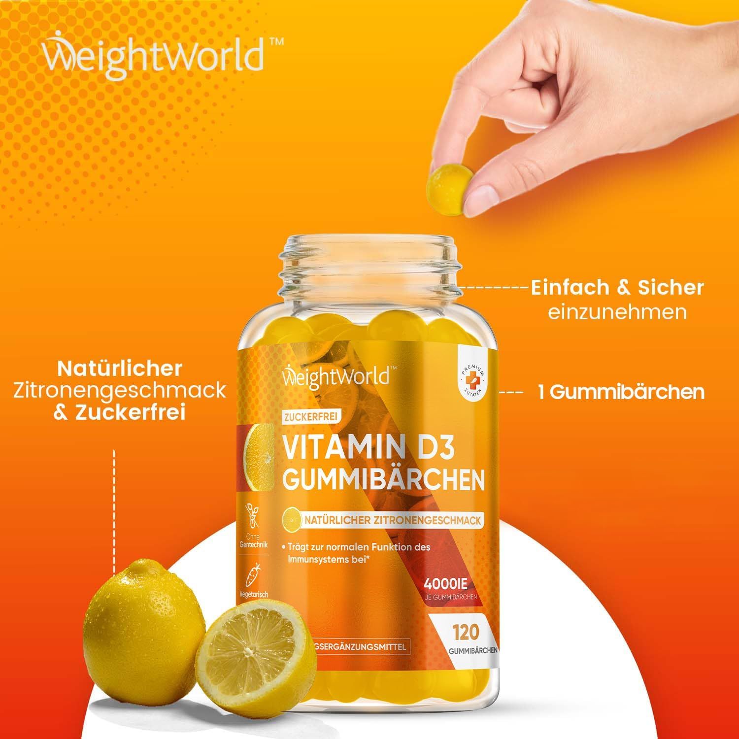 Personne prenant des gommes d'un flacon. Flacon avec inscription: Vitamin D3 Gummibärchen, 4000 IE, 120 gommes.