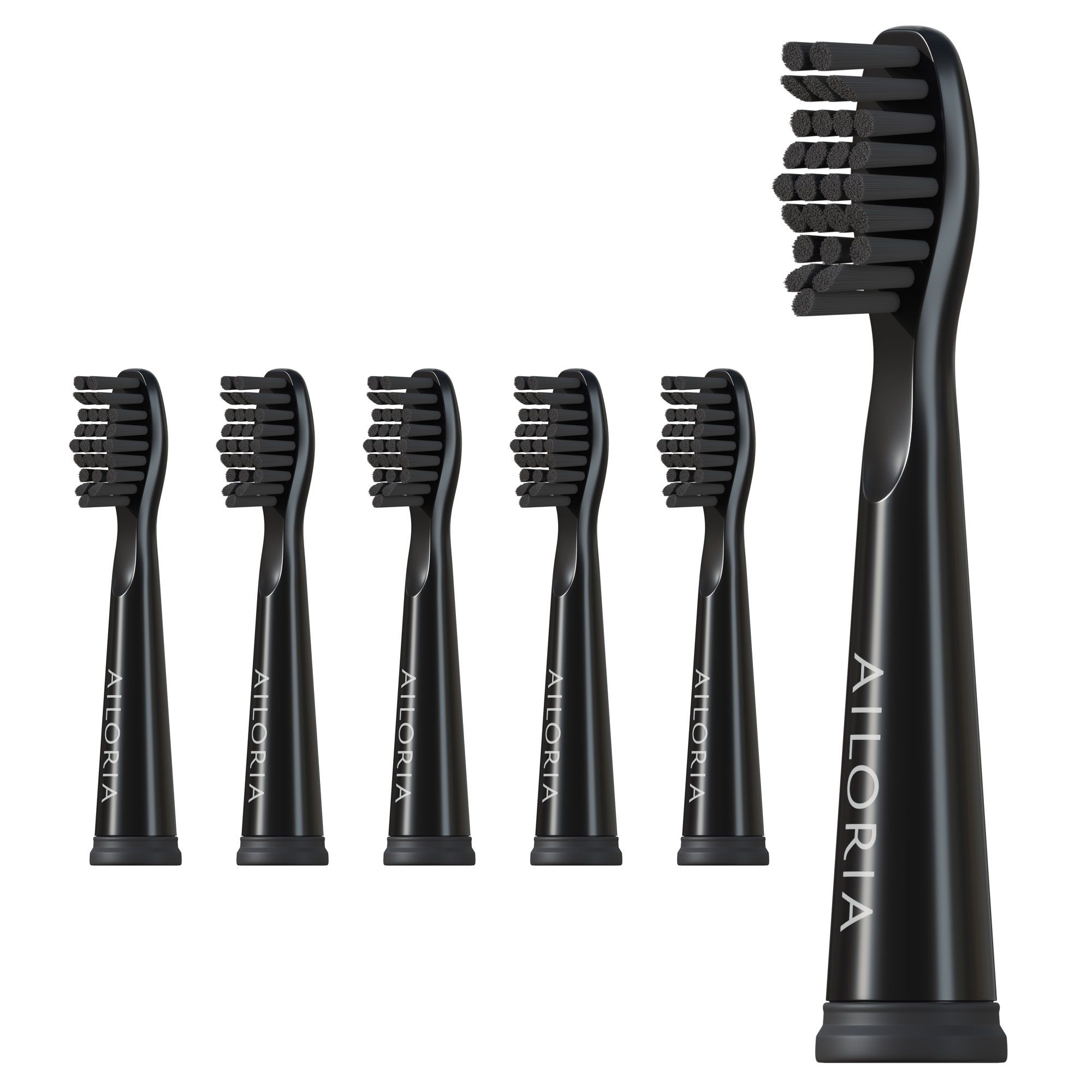 Six têtes de brosse noires. Une tête est debout, les autres sont à côté. Logo AILORIA sur chaque tête.