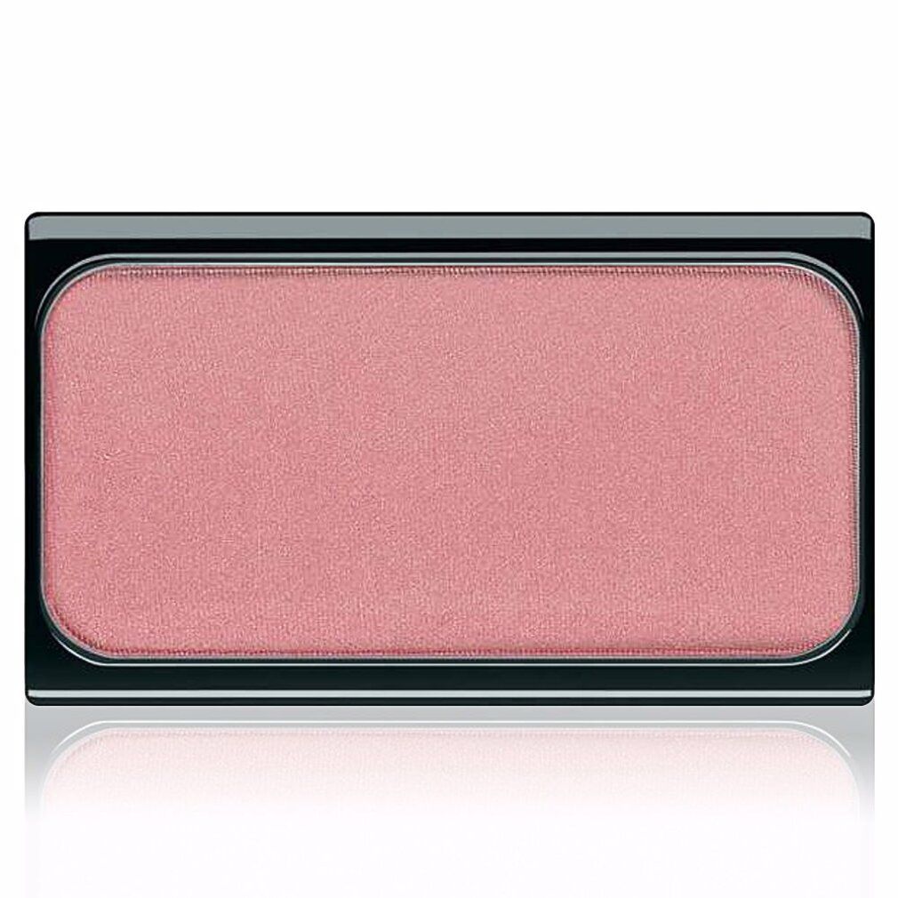 Fard à joues rectangulaire rose, dans un boîtier noir.