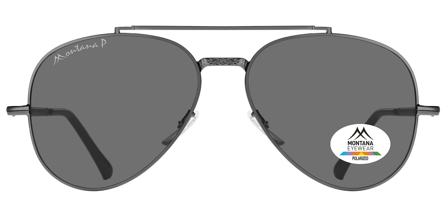 Lunettes de soleil aviateur gris foncé. Logo Montana Eyewear sur la lentille gauche et autocollant sur la droite. Verres polarisés.