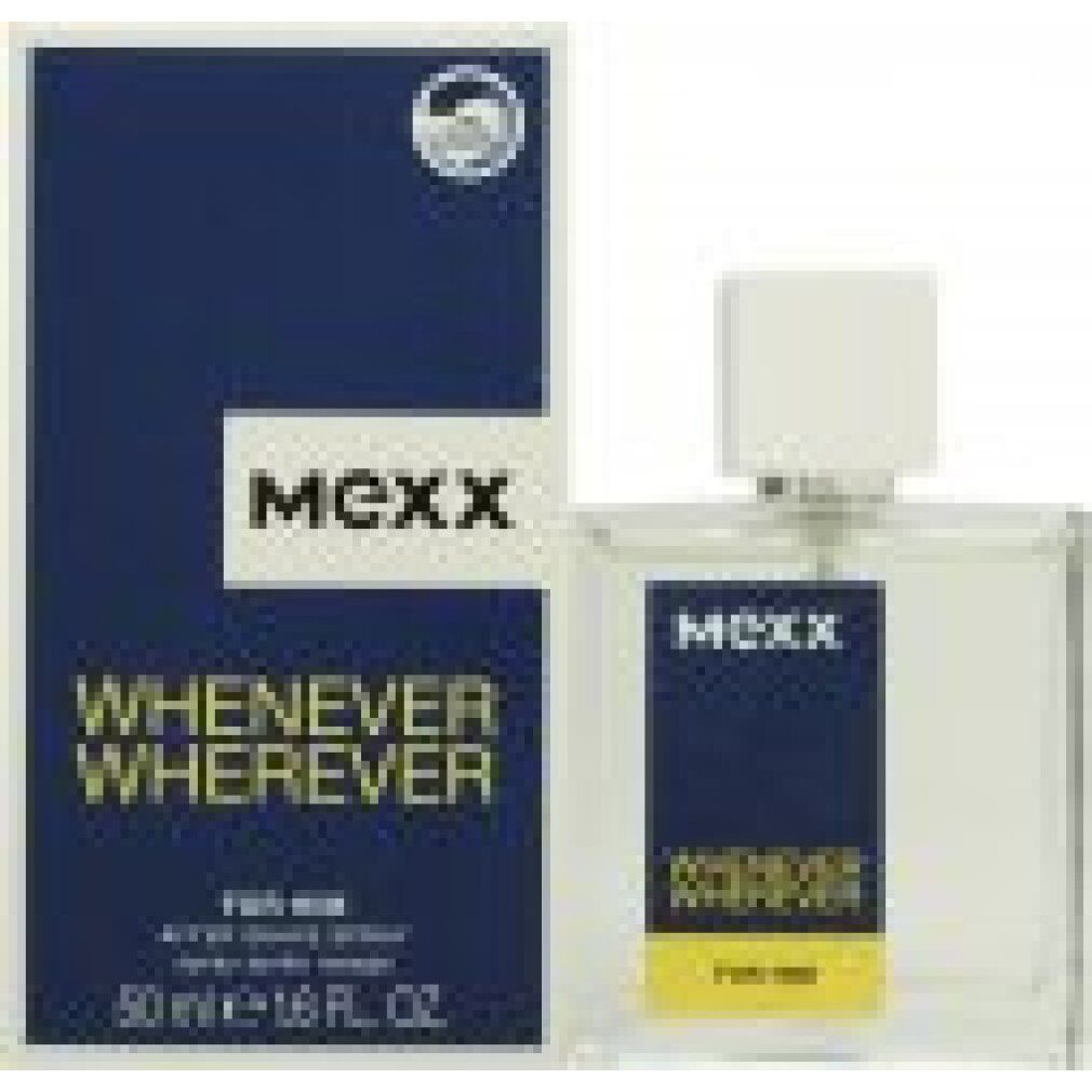 Flacon et emballage. Flacon avec bouchon blanc. Emballage avec texte bleu: MEXX, WHENEVER WHEREVER, 50 ml.