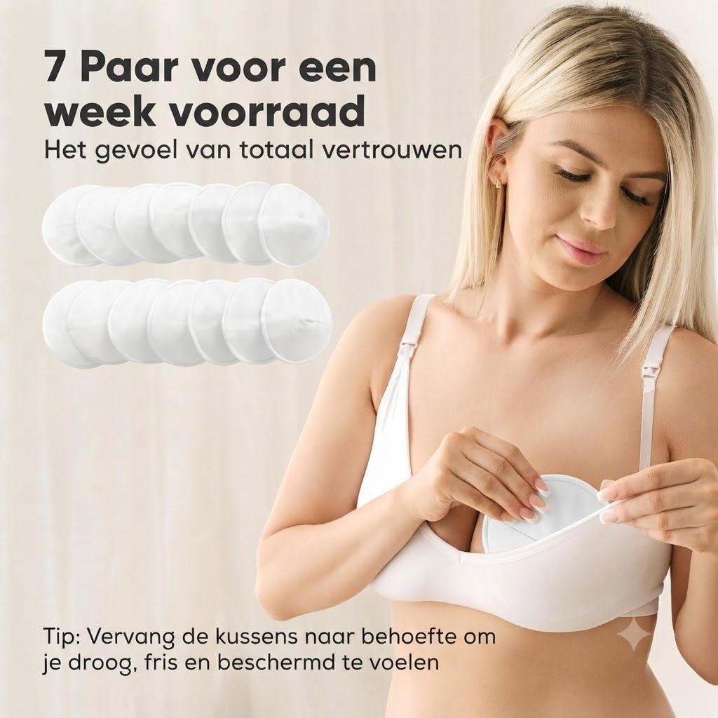 Twee rijen witte, ronde zoogcompressen. Een vrouw draagt een bh en plaatst een kompres.