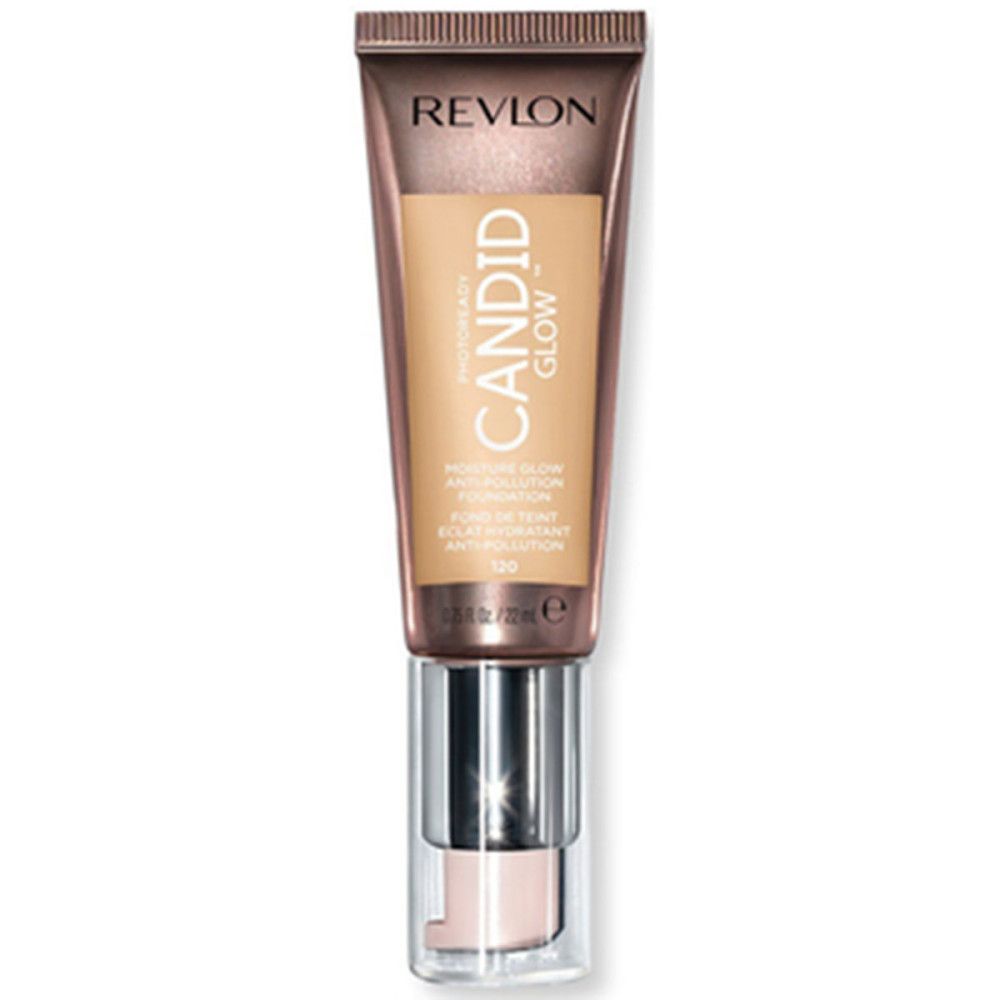 Revlon PhotoReady Candid Glow Foundation. Tube met pomp. Tekst: Moisture Glow Anti-Pollution Foundation. Tint 120.